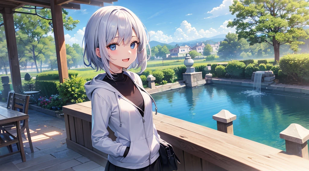 Ultra-high image quality,Look at viewers, hands behind back, girl with, 20 years old, Very short hair, long bangs between eyes, blue eyess,Black eyes, Hoodie, Skirt , Extremely detailed,(masterpiece、top-quality),White hair、A smile、Fantastical, Silver hair,, Hoodie, White hoodie,a black skirt,Hair is short,White jacket, Casual style,Open jacket, Cowboy Shot、Fluttering hair、a small face、Bright smile、(Detailed face) ,profetional lighting,fantastic landscape,Blue sky, Sunlight,look down from above,portraitures、open open mouth、facing front、fountain in the forest、flower field、5 fingers、Upper body only、snowscape