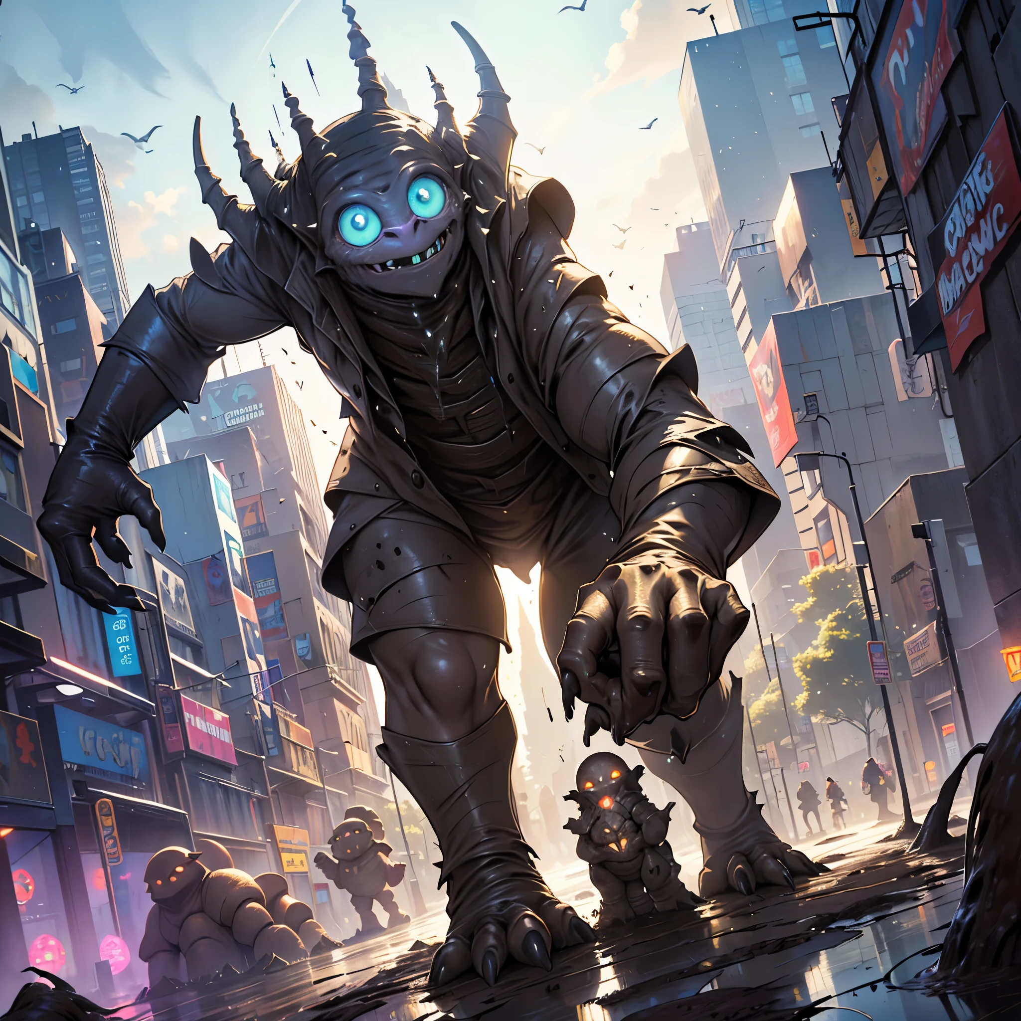 (Magic:1.2), in full height, (Solo creature:1.3), (magic creature:1.2), in a modern city, city background, monster from the earth, mud monster, Strange Creature, Scary creature, Minion, summoned creature, magical beast from the earth, (mud golem:1.4), medium-sized
