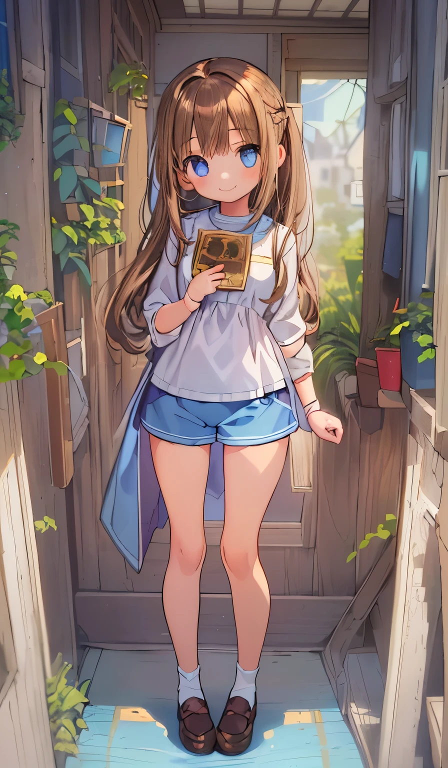 Beautiful illustration, Best Quality,(-yeld gi1.5)、(cute petit girl：1.6)、Lori、flat chest、(girl like bisque doll)、(light blue culotte shorts：1.6)、Gap between thighs and shorts、Beautiful blue eyes, Cinematic lighting, ((Brown straight hair))、Euphoric smile、Redness of the cheeks