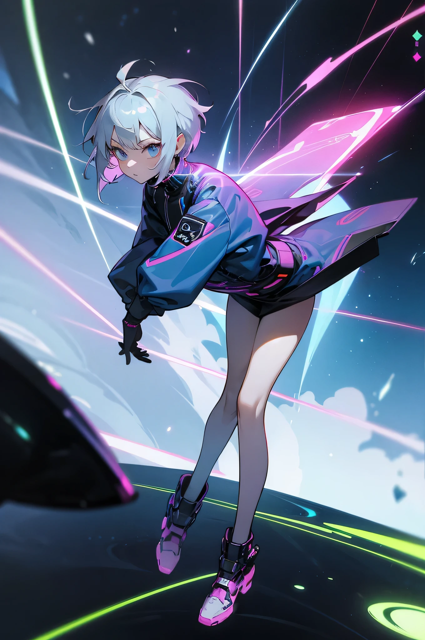 cyber punk style,Dynamism、blast、 female pervert ,full body Esbian、 short-haired, Gray hair color,, White-eyed, mobster、 cosmic space、neon laser