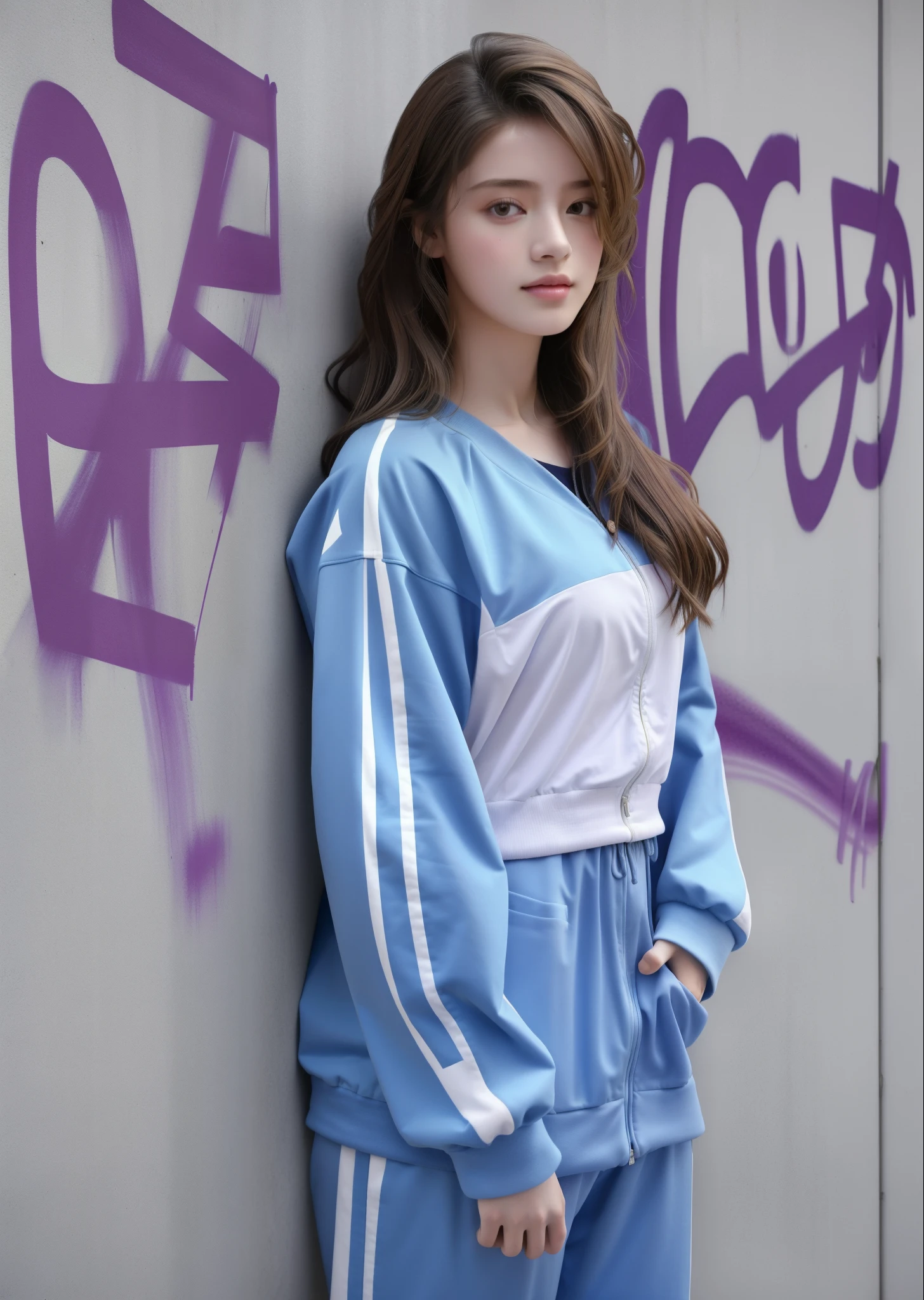 (Best quality at best), tmasterpiece, 极其细致的CG制服8K插picure, High color, extremely High color saturation, All colors are deepened, picure, scribble art, Center composition, Extremely detailed light and shadow, graffiti wall, wall picureed bright, 1 girl graffiti 1 girl looking at the wall, The face and eyes are very detailed, medium lenght hair, track suit, Cloud