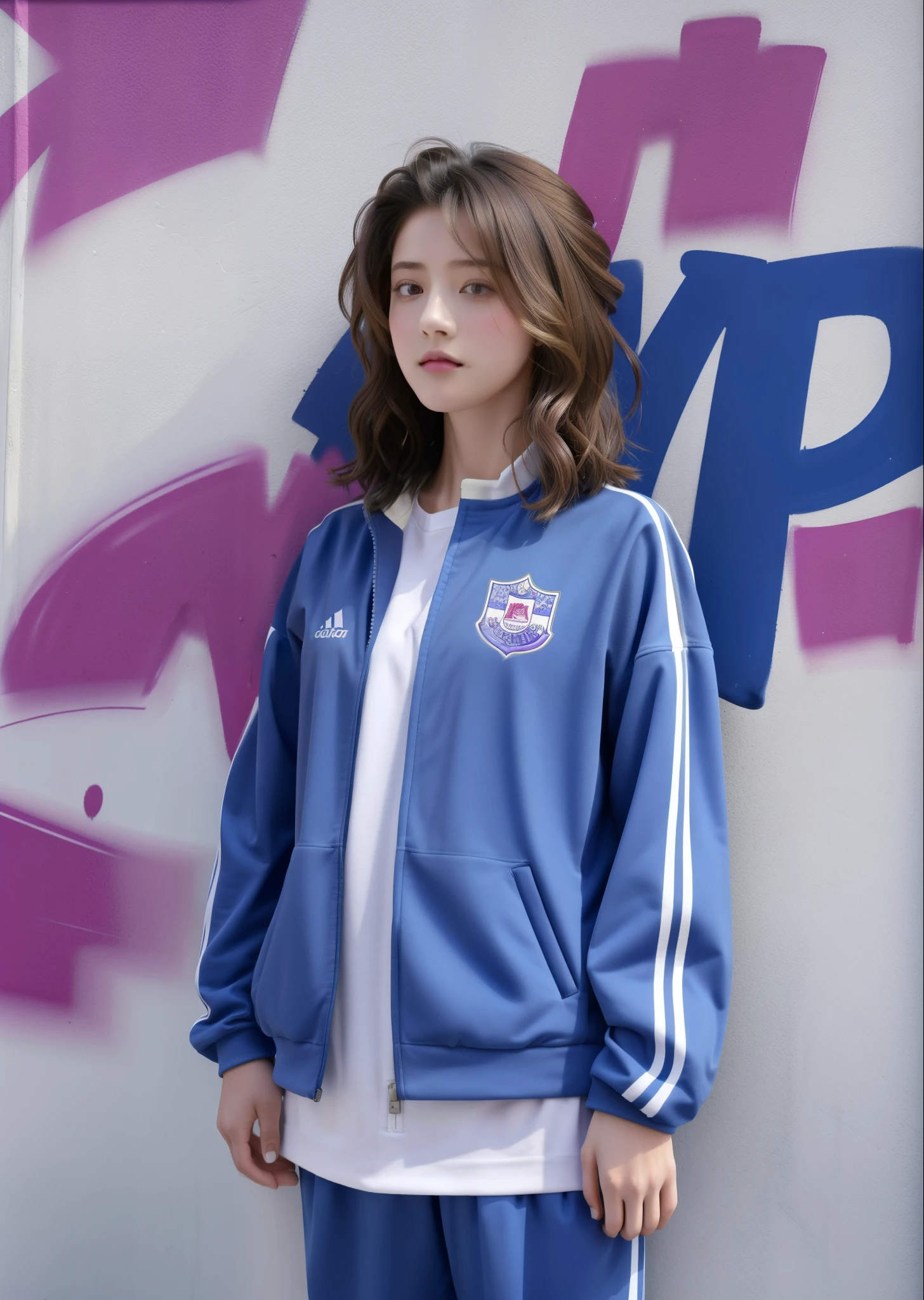 (Best quality at best), tmasterpiece, 极其细致的CG制服8K插picure, High color, extremely High color saturation, All colors are deepened, picure, scribble art, Center composition, Extremely detailed light and shadow, graffiti wall, wall picureed bright, 1 girl graffiti 1 girl looking at the wall, The face and eyes are very detailed, medium lenght hair, track suit, Cloud