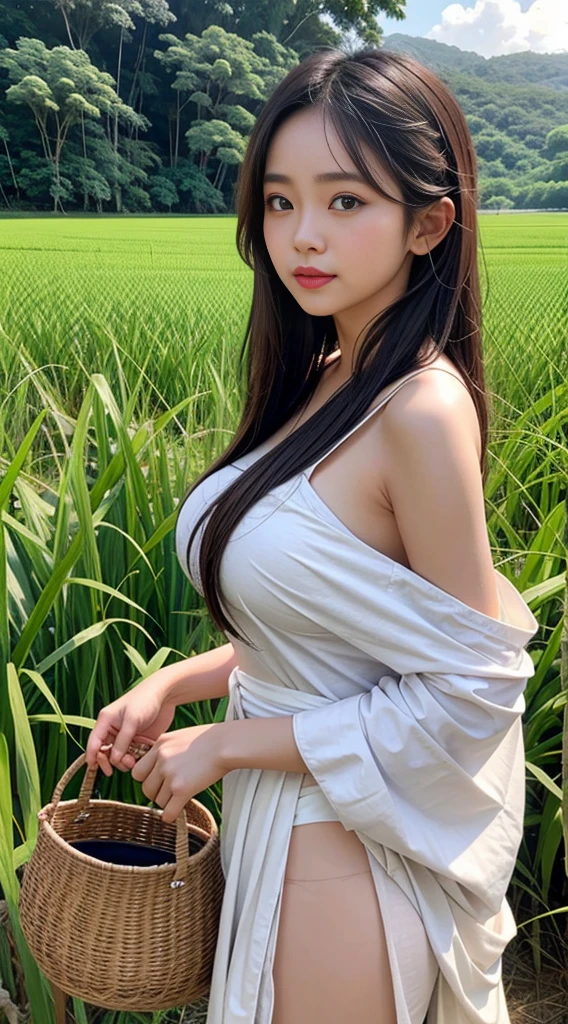 1girls, single, half body portrait, Put on a cloth bag., Sarong, bathe, Thai rice field backdrop, Thai folk atmosphere, long-haired, looking at the audience, enormous breasts,