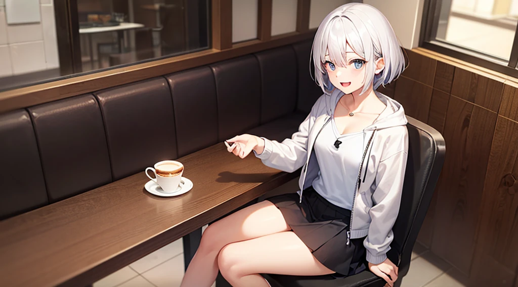 Ultra-high image quality,Look at viewers, hands behind back, girl with, 20 years old, Very short hair, long bangs between eyes, blue eyess,Black eyes, Hoodie, Skirt , Extremely detailed,(masterpiece、top-quality),White hair、A smile、Fantastical, Silver hair,, Hoodie, White hoodie,a black skirt,Hair is short,White jacket, Casual style,Open jacket, , look down from above、open open mouth、5 fingers、sit a chair、Dining at the café、eating cakes、collarbone visible