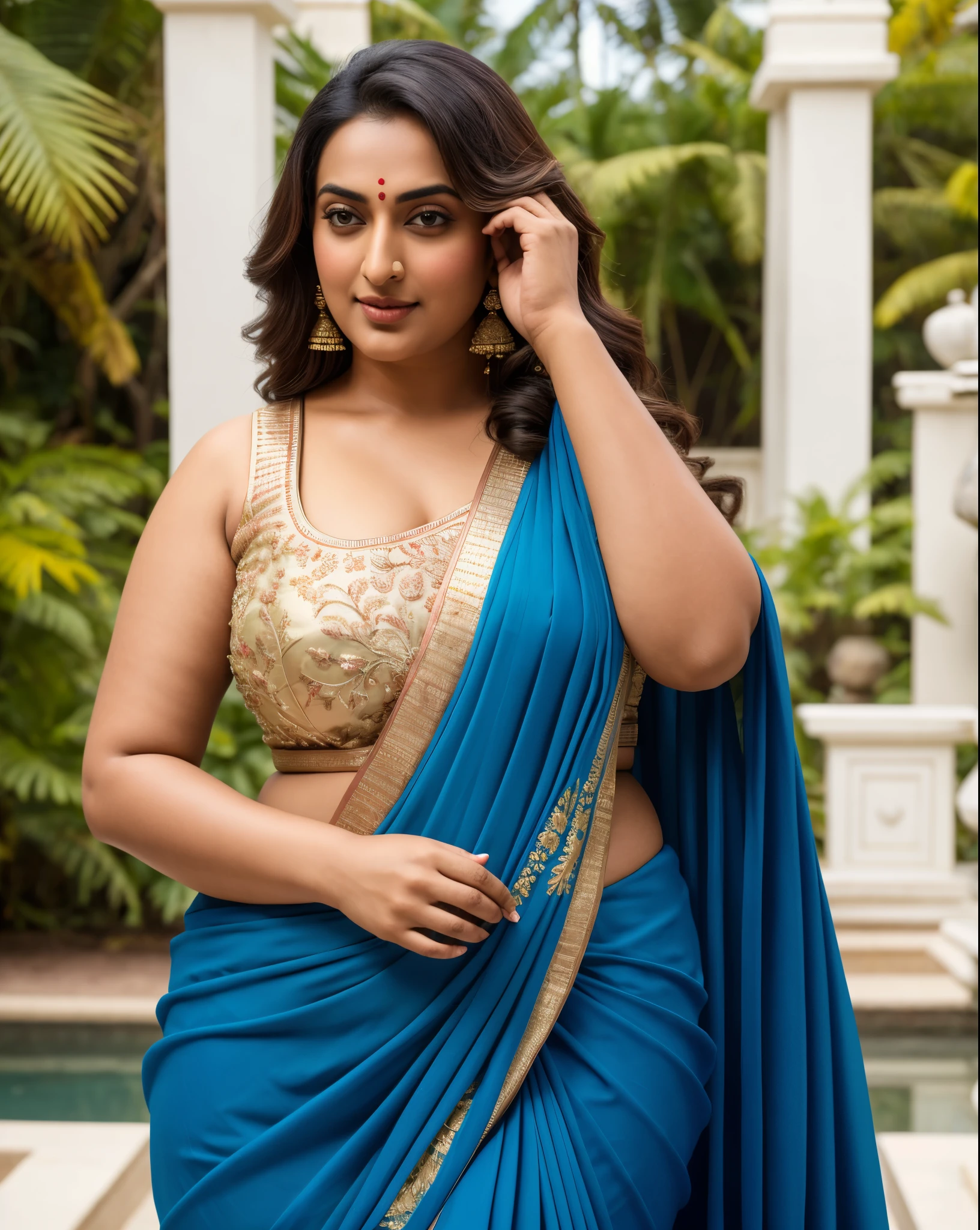 Foto RAW, photorealistic, photography, full body shot, master shot, perfect eyes, goddess like beauty, perfect thick chubby mallu Desi aunty bhabhi, Wearing a Stanapatta, a chest-band.Saree model, model Photography, Indian saree shoot, Indian traditional wear advertising photography, traditional wear brand shoot, face of Indian actress Sonakshi Sinha, masterpiece, realistic, realism, incredible details,  pleasure, photorealism, detailed skin, skin pores, high contrast, photorealistic Artstation 8k HD digital art trend of high definition and detailed realistic skin texture, ultra detail, realistic skin texture, armature, best quality, ultra high definition, (photorealistic:1.4),, high resolution, detail, raw photo, Re sharp, by Lee Jefferies Nikon D850 Film Stock Photo 4 Kodak Portra 400 Camera F1.6 Lens Rich Color Ultra Real Realistic Realistic Textures Dramatic Lighting Unreal Engine Trending at Art Station Cinestill 800,(pele altamente detalhada: 1.2), 8k UHD, DSLR, soft-lighting, alta qualidade, grain of film, Fujifilm XT3,she didn't like to wear blouse or bra, she  happy to wear only saree, she hates blouse or bra, detailed hairy armpits,