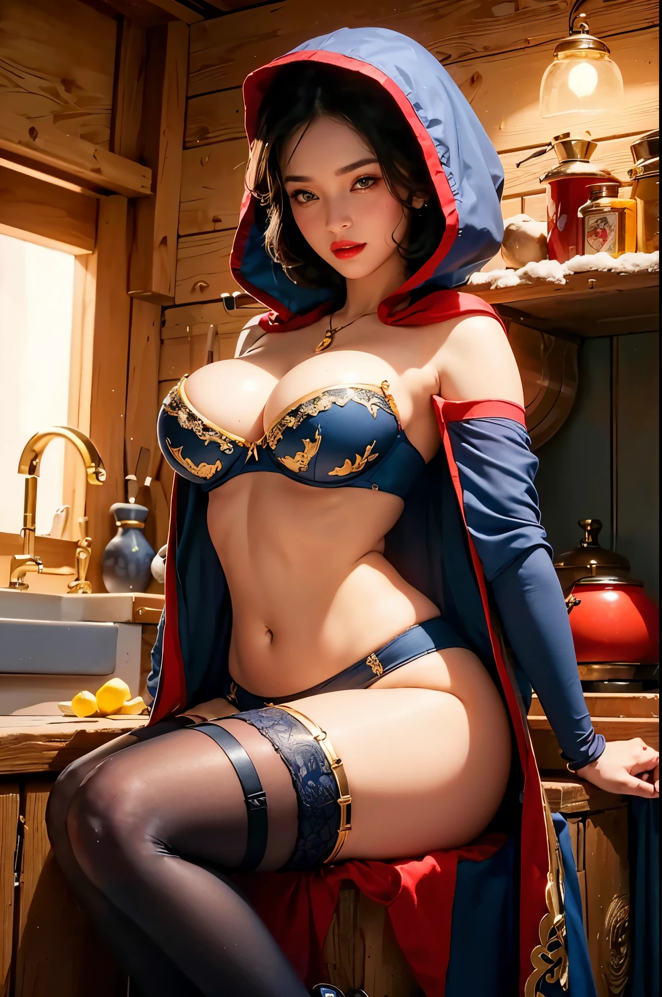 (beautifull snow white from disney princess short chignon hair with very gigantic saggy breast, sit on kitchen set  inside small wooden house) ,(detailed navy blue strapless wireless bra), (detail yellow luxury garter belt), (detail yellow and blue luxury stocking), (detail yellow luxury high heels), (red crown), (show cleaveage), (show underboobs) , (show sideboobs), (show thigh), (detailed flower hairpin), (detailed flower underboobs ornament), (detailed luxury chest ornament), (detailed luxury  arm ornament), (detail hips ornament), expensive detailed  necklace, (very gigantic breast:1,9), beautifull apple tree, detail apple tree, detail forest background, beautifull face, pretty face, beautifull eyes, beautifull nose, sexy lips, raytracing, nsfw, beautifull fingers, beautifull hands, sexy belly, , sexy shoulders, sexy legs, sexy hips, (luxury bracelet), (luxury ring), (luxury necklace), black nails, (4 fingers in 1 hand), white skin, full body picture, pretty makeup,, masterpiece, best quality:1.2),,(8k,highres,RAW photo,realistic,photo-realistic:1.3),(detailed skin texture,detailed cloth texture,beautiful detailed face:1.25),professional lighting,photon mapping,beautiful soft light,radiosity,physically-based rendering,raytracing, model shoot style, model shoot style, (extremely detailed CG unity 8k wallpaper), full shot body photo of the most beautiful artwork in the world