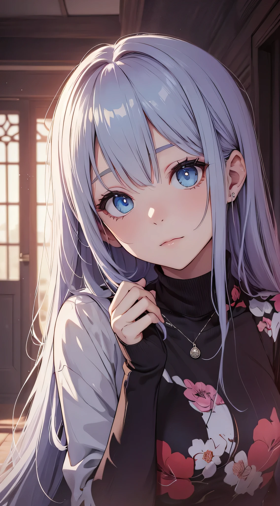 top-quality、Top image quality、masterpiece、teens girl((18year old、 Ager、Best Bust、Medium bust,wide open breasts、Beautiful light blue eyerest, Red hair、A slender,Large valleys、dye one's cheeks red、Sit up)),hiquality、Beautiful Art、Background with(( Nice and clean room.、Stove、Velvet blanket、Torch、tee)))、masutepiece、depth of fields,
