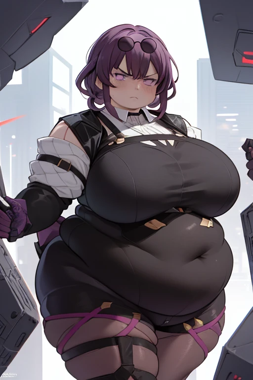 masterpiece, best quality, obese kafka, purple eyes, obese body, fat belly, fat arms, big cheeks, thick thighs, sunglasses on head, collared shirt, black shorts, pantyhose, upper body, (huge breasts:1.6), looking at viewer, furrowed brow, angry