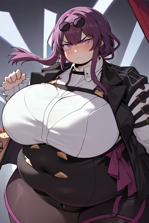 masterpiece, best quality, obese kafka, purple eyes, obese body, fat belly, fat arms, big cheeks, thick thighs, sunglasses on head, collared shirt, black shorts, pantyhose, upper body, (huge breasts:1.6), looking at viewer, furrowed brow, angry