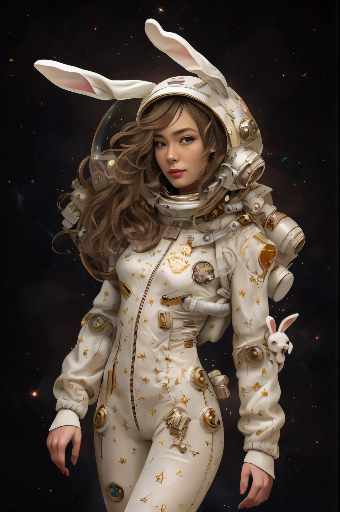 there is a woman in a space suit with bunny helmet, wojtek fus, cgsociety masterpiece, portrait anime space cadet girl, cgsociety contest winner!!, portrait armored astronaut girl, cgsociety contest winner!!!, cgsociety contest winner, karol bak uhd, cgsociety ), ross tran 8 k, cgsociety 8k, cgsociety 8k, bunny rabbit costume spacesuit, close - up of eye makeup, happy expression , in the style of Martine johanna, Guillaume Seignac, dreamscape portraiture, Miwa Komatsu, 8k resolution, interstellar comic book art, white and gold, Sorayama Hjime