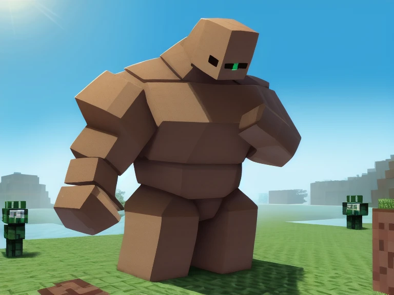 Large iron golem from minecraft and a little girl, against the backdrop of mountains and waterfall