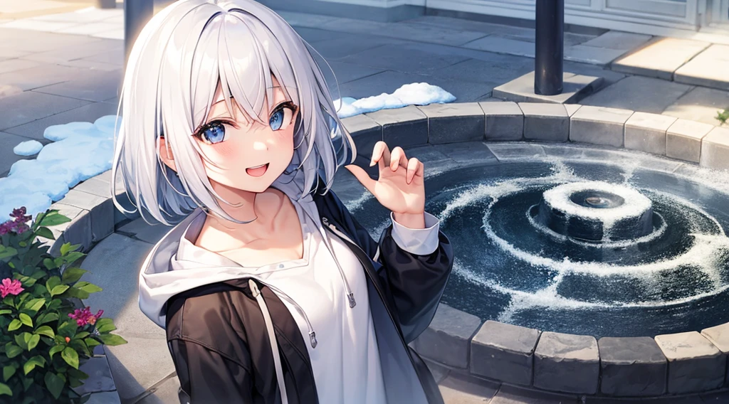 Ultra-high image quality,Look at viewers, hands behind back, girl with, 20 years old, Very short hair, long bangs between eyes, blue eyess,Black eyes, Hoodie, Skirt , Extremely detailed,(​masterpiece、top-quality),White hair、A smile、Fantastical, Silver hair,,  Hoodie, White hoodie,a black skirt,Hair is short,White jacket, Casual style,Open jacket,  Cowboy Shot、Fluttering hair、a small face、Bright smile、(Detailed face) ,profetional lighting,fantastic landscape,Blue sky, Sunlight,look down from above,portraitures、open open mouth、facing front、fountain in the forest、flower  field、5 fingers、Upper body only、snowscape