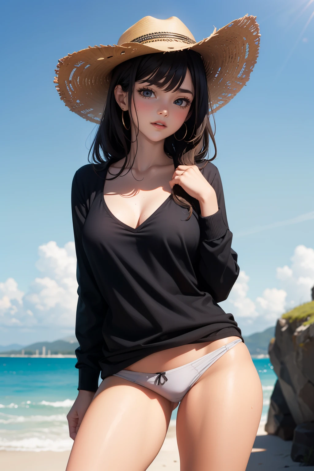 Cowgirl, long gray shirt, open chest, gray cowboy hat, gray panty,