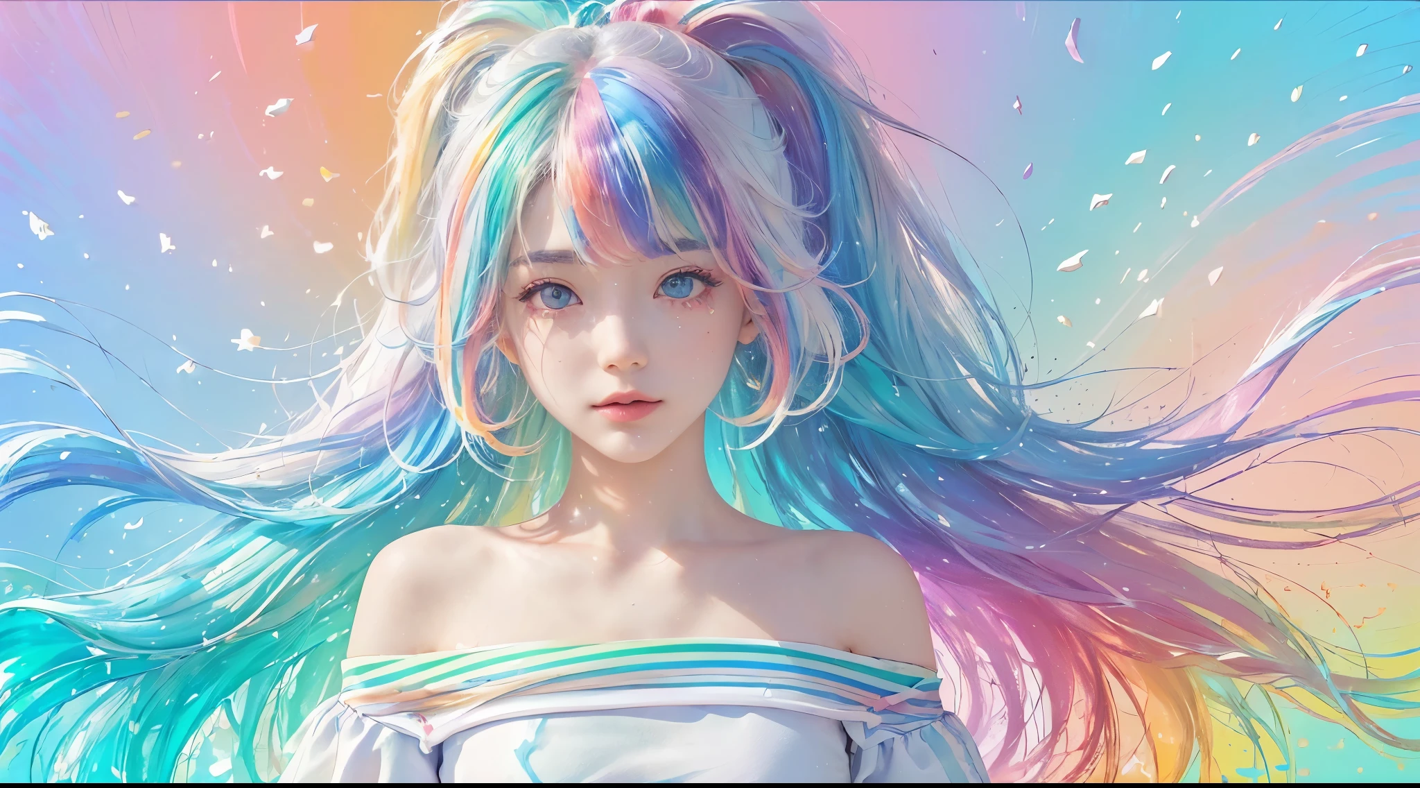(Pink fashion T-shirt:1.9),(colorfulhair: 1.8), (all colors of the rainbow: 1.8),(((((vertical picureing:1.6))), (picureing:1.6),frontage, 漫picure, illustratios, picureings, largeeyes, crystal clear eyes,( rainbow color gradient high ponytail:1.7), Delicatemakeup, Keep your mouth shut,(Small Fresh: 1.5),(clean: 1.6) ,Long eyelashes, white off-the-shoulder T-shirt, white-shoulder shirt,looking at viewert, 水汪汪的largeeyes, (Rainbow-colored hair:1.6), 色彩飞splash, (Alone:1.8), 色彩飞splash, Color explosion, thick picure style, Messy lines, ((Shiny)),(Colorful), (Colorful), (Colorful), Colorful, Thick picure Style, (splash) (Color splash), Vertical picureing, The upper part of the body, picure splash, Acrylic Pigment, slope, picure, Highest image quality, Best quality at best, tmasterpiece, Alone, depth of fields, Face picure, Colorful clothes, (Elegant: 1.2), a gorgeous,long whitr hair, ventania, (Elegant: 1.etal: 1.4),(((tmasterpiece))),(((Best quality at best))),((ultra - detailed)),(illustratio),(dynamic angle),((floating)),(picure),((ldisheveled hair)),(Alone),(1 girl) , (((Detailed face))),((beautiful detailed face)),collars,of shoulders,White hair, ((Colorful hair)),((Striped hair)),美丽细致的眼睛,(slope color eyes),(((Colorful eyes))),(((Colorful background))),(((high saturated))),(((surrounded by Colorful splashes))),