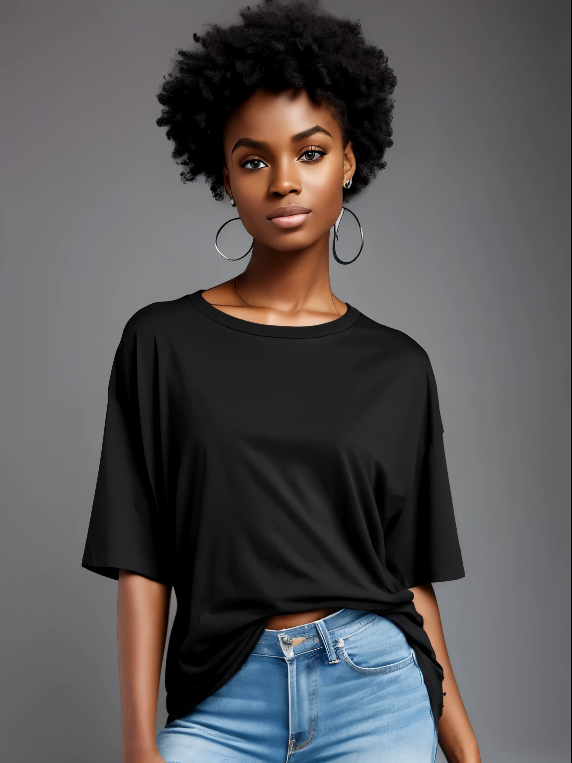 ((Design a plain mockup for a oversized solid-colored black crew neck blank t-shirt with no graphics)) worn by a Haitian female model with fit body type, Not too much makeup, projecting cool and confident vibes. The model's black skin, curly brown hair should add a playful and stylish touch, complementing the 'bad girl' aesthetic. Feature tattoos with edgy designs and capture a confident, alluring, romantic expression. Set the scene against a black gradient background with low lighting for a studio shoot ambiance, 8k, photorealistic, portrait, vibrant color, studio light, face to camera, front view, Sony a7 iii, intricate detailled.