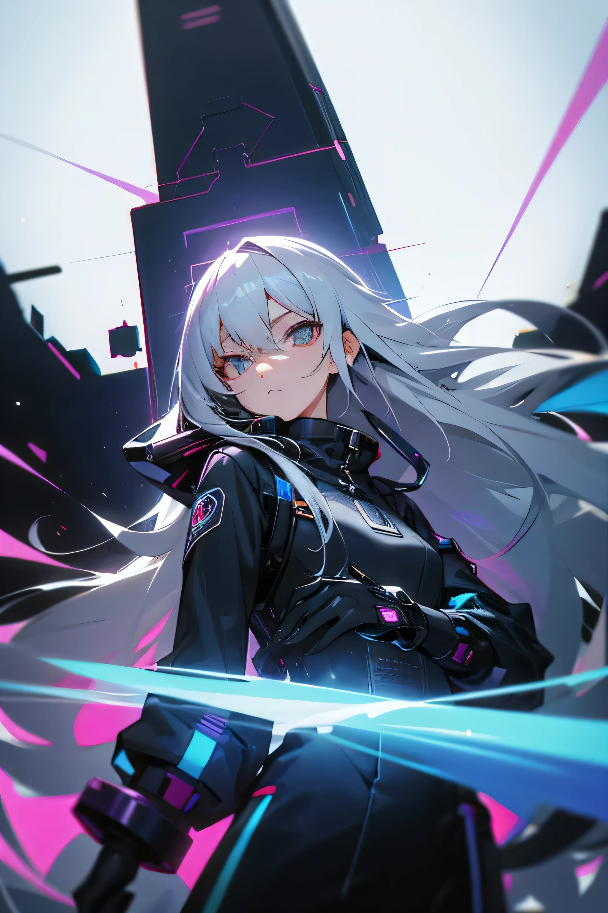 cyber punk style, female pervert , The long-haired, Gray hair color,, White-eyed, mobster、 cosmic space、