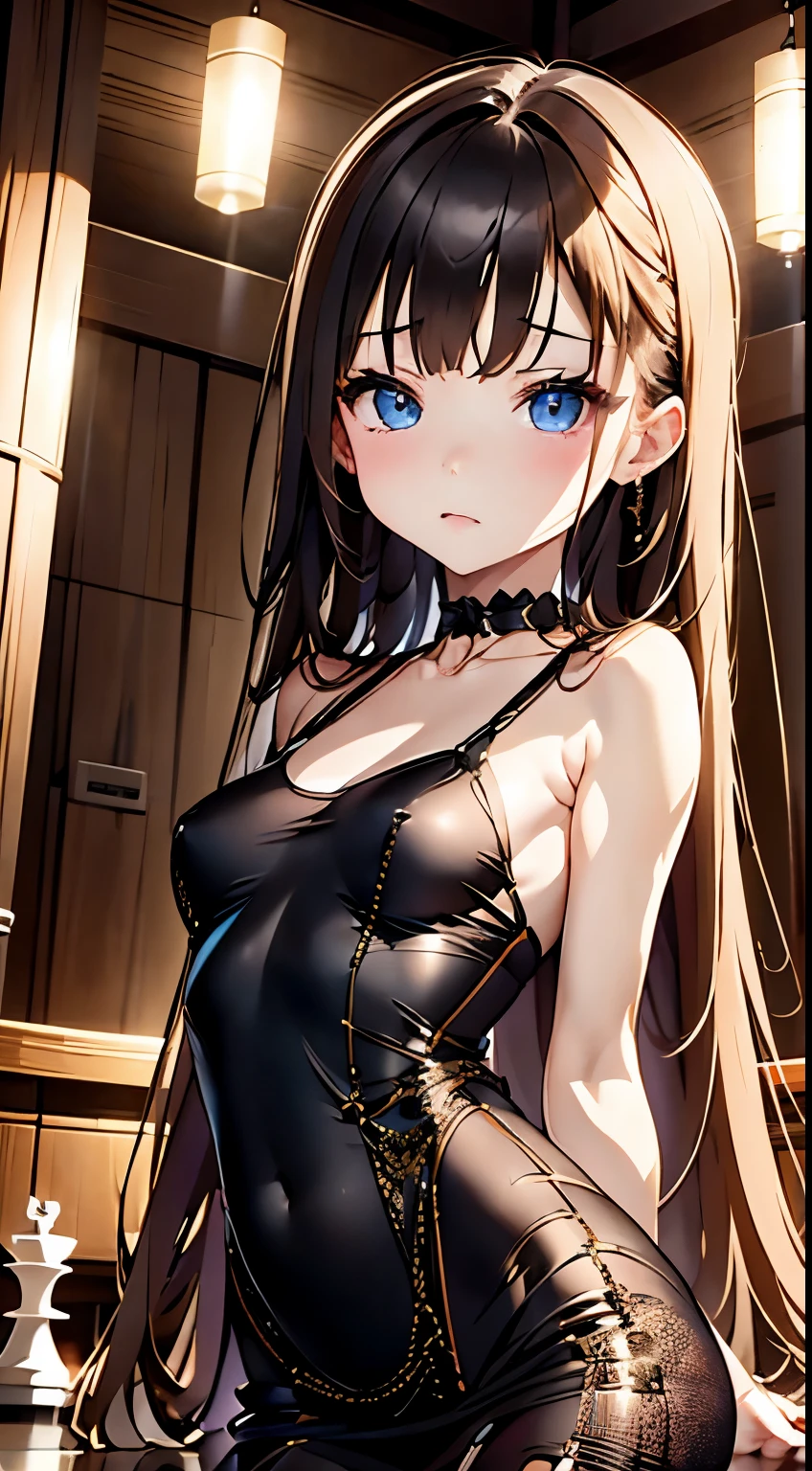 RAW shooting、Photorealsitic、masuter piece、one girls、a 、Very cute、Slender and beautiful、((small tits:1.2))、7Head and body、Meticulously drawn eyes、Attractive eyes、Twin-tailed、little giant、a choker、fine sequin dress、champagne gold dress:1.5、Chess gangte sleeveless dress with bold opening、Anguished poses、Luxurious dance hall、dimly lit dance hall、small title background