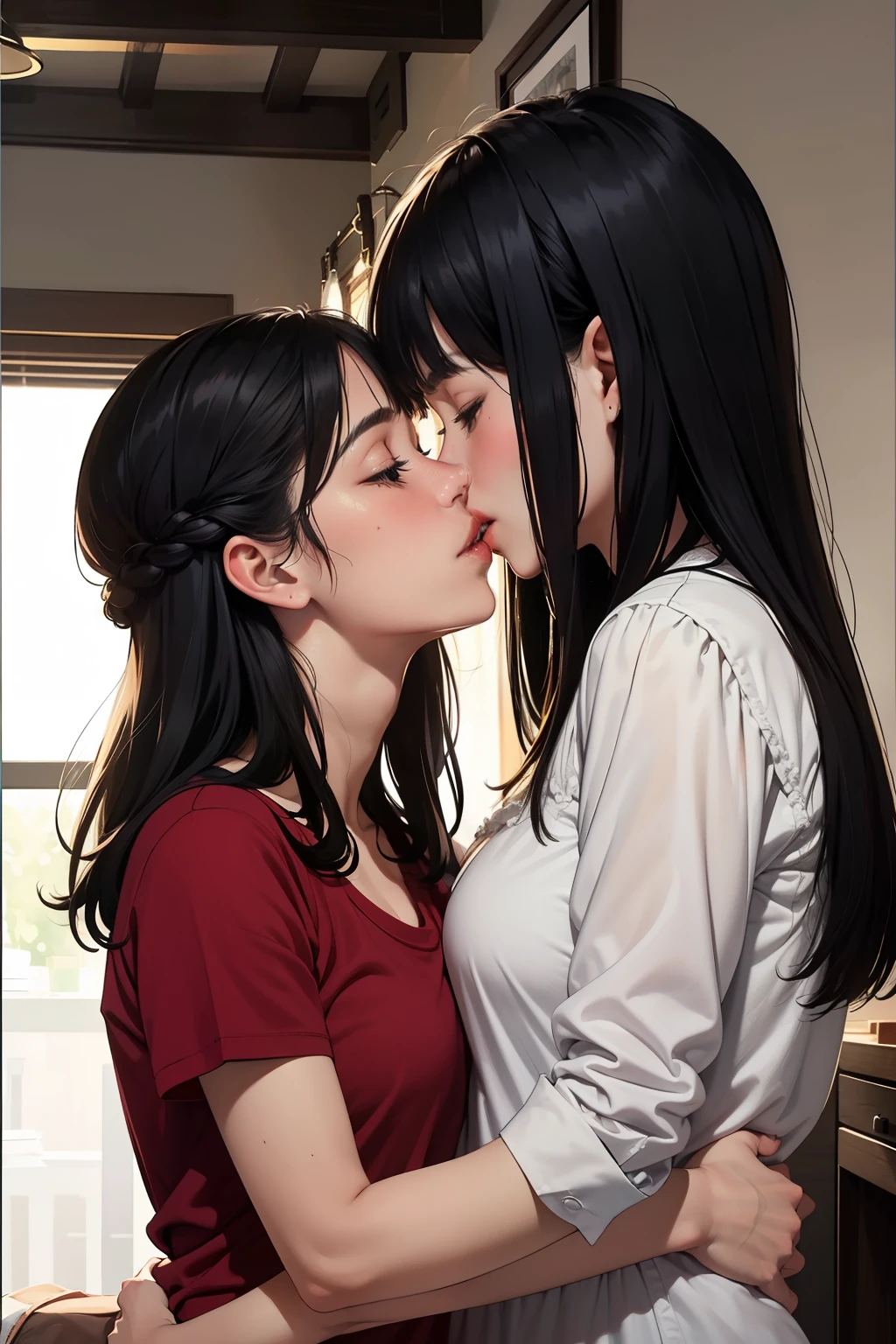 Sexy woman wearing a shirt and black hair braided hair who is sitting on the bed kissing a girl wearing a shirt and black hair braided hair who is sitting on the bed