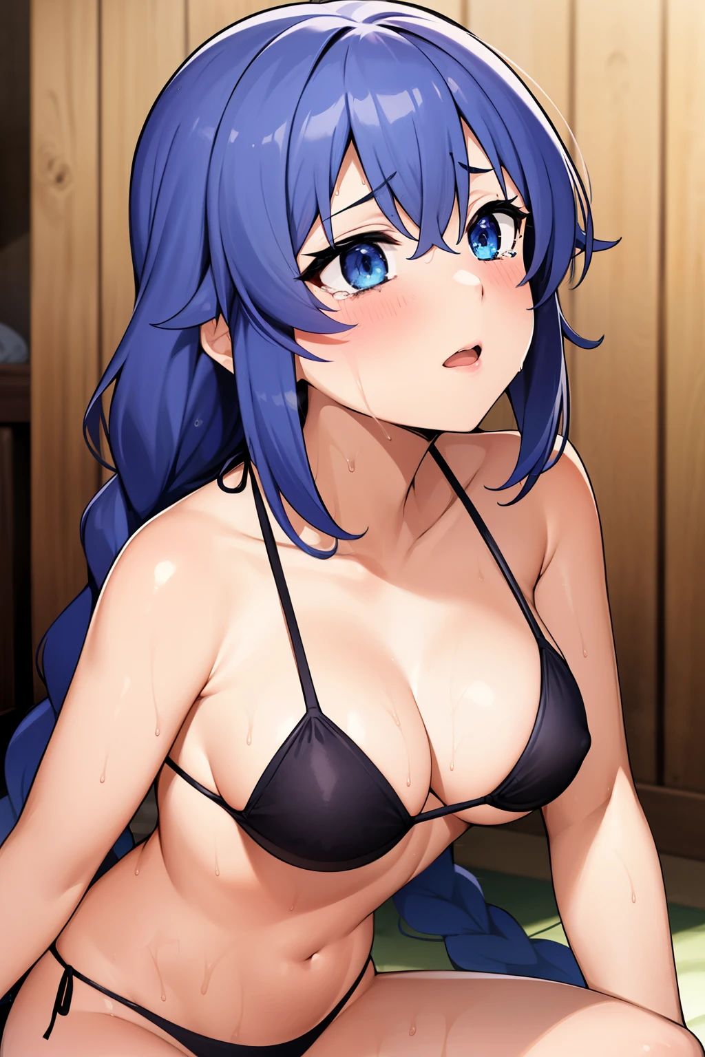 Best Quality, masutepiece, 1girl in, (Solo:1.1), 光线追踪, ultra-detailliert,Detailed face, 8K Wallpaper, (wide hips:0.8), Roxy Migurdia NDV, 1girl in, Blue hair, Blue eyes, Long hair, hair between eye, Twin braids, Capelet, The bikini,  Sitting,Sweat sweat,stuffy々with  the,The body is burning,Tearful,liquid that gives a sexual impression,all-fours