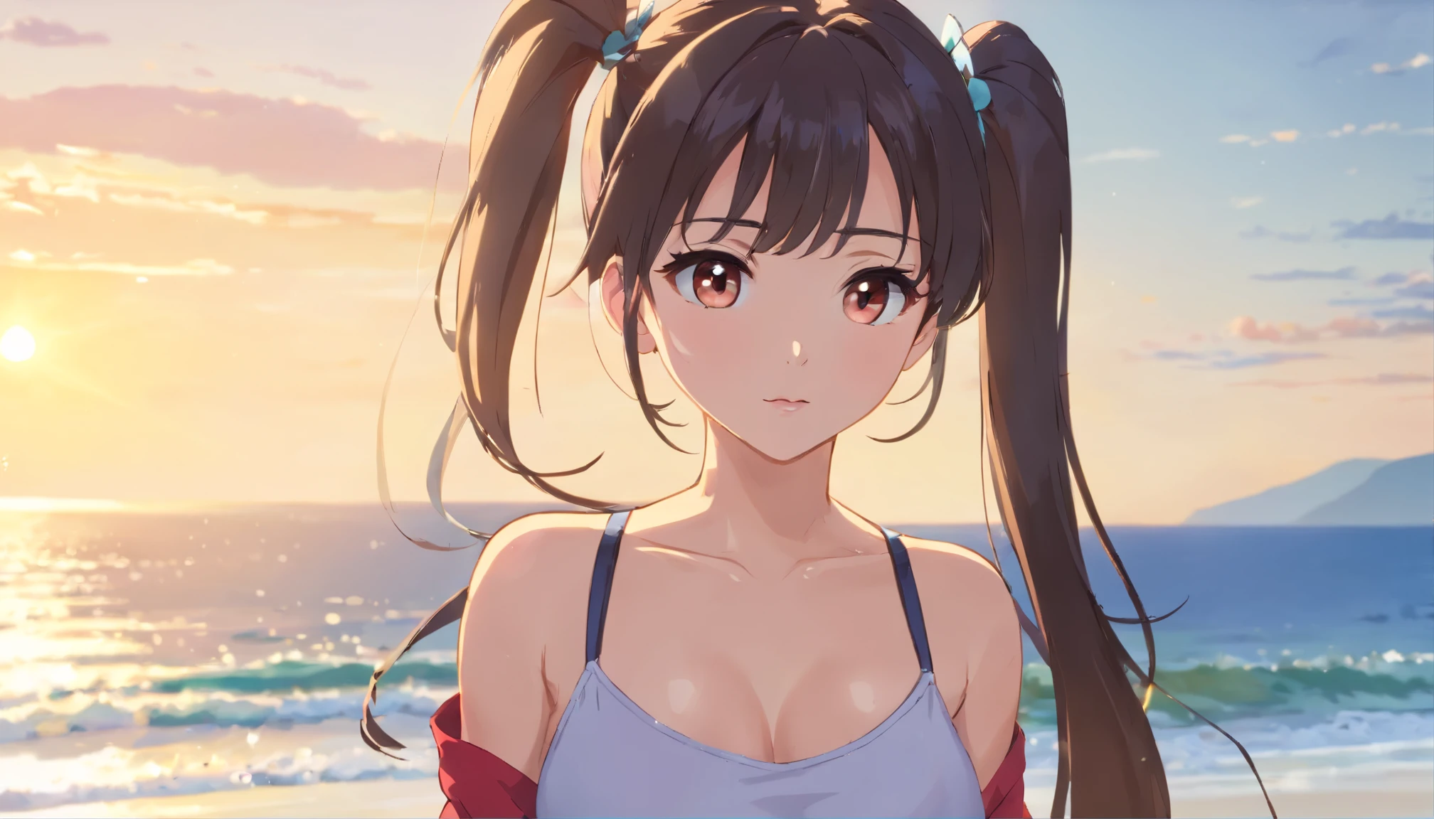 There was a woman, (((1pony tails女孩:1.3, Alone))), (Broken of a extremely pretty and beautiful milf:1.3), (age 22: 1.1), (((close up:1.3))), ((Broken;1.3)), (半身close up镜头:1.3), (Frame the waist:1.3), (Sexy model standing pose:1.3), (sexy synthesis:1.3), (Raise your arms above your head:1.3), view the viewer, (Da Nang, vietnam), (Da Nang Resort Beach:1.3), Front view:1.3, Look directly at the viewer, shot with Canon EOS R5, 160mm lens, F/2.8, (from below:1.3), (low angles:1.3), off and on, (pony tails:1.3), (Shiny fine black hair:1.2), through bangs, Dark brown eyes, pretty eyes, Eyes of the Princess, through bangs, hair between eye, Short hair details:1.3, elongated, (humongous large breast:1.3, Large breasts droop:1.3, disproportionately;1.3), (Squeezed together, ), (big chest and thin waist: 1.3), (Beautiful girl detailed: 1.4), avas, Redlip, full makeup, (Glowing and radiant skin), ((Perfect female body)) , (Bust photo:1.perfect anatomia, proporções perfeitas, (Asia&#39;s most beautiful actress face:1.3, Very cute and beautiful Korean idol face:1.3), (of emotions:1.:1.3), off and on, Sea view background, White beach, Private beach, Blue ocean, blue-sky, cloud, off and on, (actual, realistically: 1.37), (tmasterpiece, Best quality: 1.2), (超高分辨率: 1.2), (RAW photos: 1.2), (Focus sharp: 1.3), (Face focus: 1.2), (Ultra detailed CG unified 8k wallpaper: 1.2), (Beautiful skins: 1.2), (pale-skinned:1.3), (Hyper Focus sharp: 1.5), (Ultra Focus sharp: 1.5), (Beautiful pretty face: 1.3), (Ultra detailed backgrounds, Background of details: 1.3), Ultra actual Photo, Ultra-clear images, Hyper Detail Image, Full body lesbian