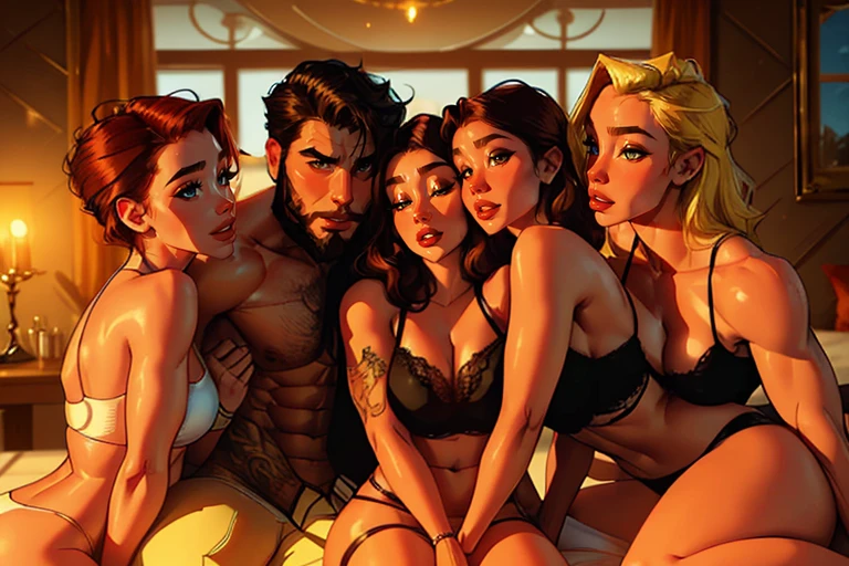 Muscular Handsome European ( tall&==((short-haired))) shirtless barbarian man with beard absolutely surrounded and being hugged and touched by (((three))) sexy women harem girlfriends bitches feeling his muscles and groin, women: long Flowing voluminous hair And curvy bodies with wide hips and nice asses, women wearing robes and underwear in a state of undress for clothes with straps draped on shoulders and waistbands on thighs, nobody looks identical, each person has a unique hair color and race and skin color, three of the hottest women to ever live loving this man, the three women share him as a boyfriend and enjoy helping him feel pleasure together, there are so many gorgeous women are here around this one man, they are desperately close to each other, expressions of ecstasy and joy and love on their faces, wrestling , hugging, tackling, massaging, grinding, Flirtatious, lounging in the fancy bedroom of a fantasy castle with windows, night and snowy winter outside, romantic candlelight that glows, worshipping him, sexual, kissing, sexualized positions, glowing glistening wet skin, tattoos, , jewelry, faces of pleasure and joy, pressing themselves together, romance novel cover poses, women competing for attention , one woman to his right and one woman to his left and one woman behind him, full body shot, (((ONLY ONE MAN))), orgy, if one woman has dark hair then the second one must have red hair and the third have blonde hair. If one is Asian than the other one is European and the third one is Polynesian and the fourth is African, nobody looks at the camera, everybody looks into another person's eyes, some women face Forward while other's face sideways and others face behind but all of them are facing the man