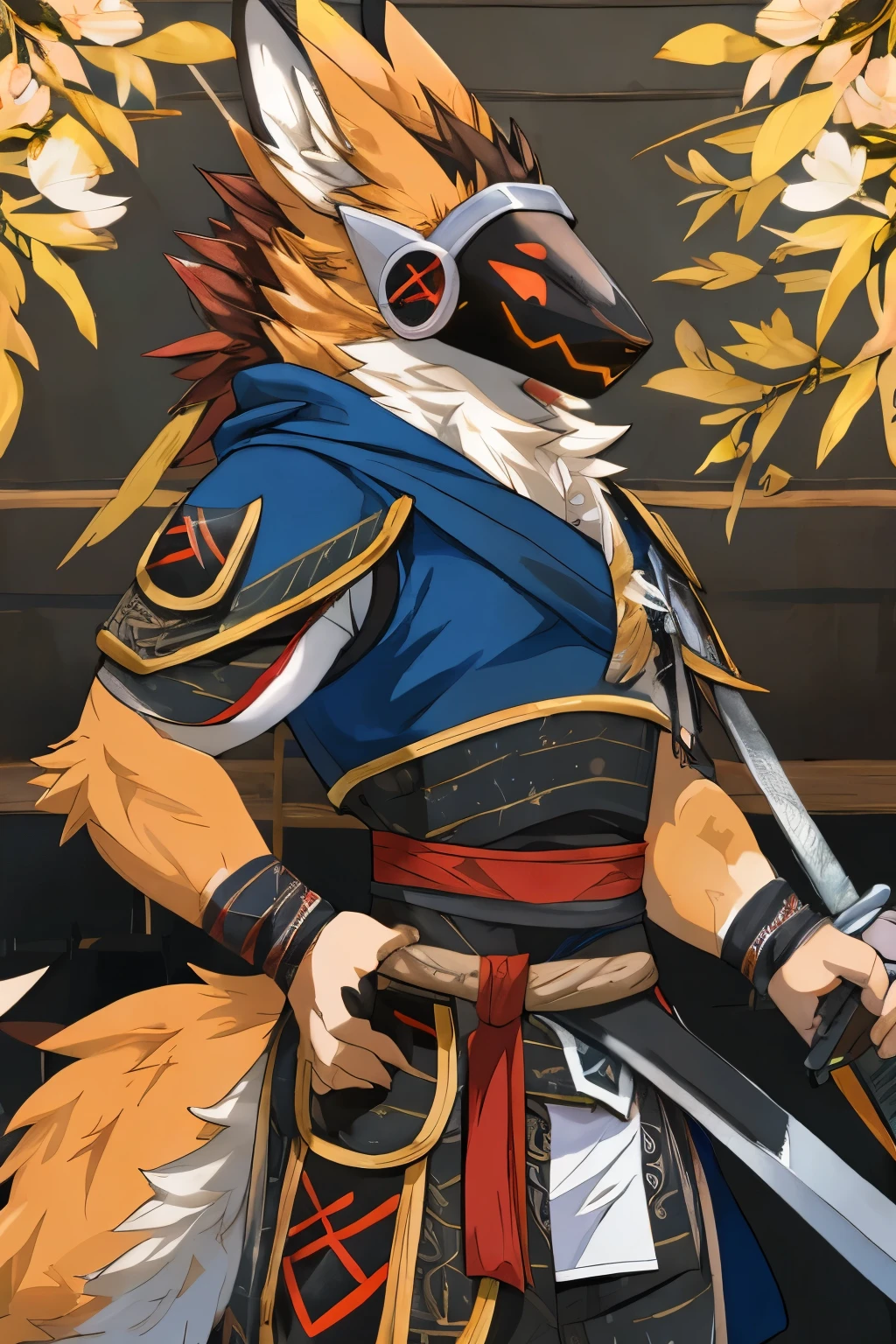 Japanese feel, Protogen, coyote, samurai, Sexy, blue cloak, samurai armor, Divided armor and sashimono, Kitsune-inspired armor, Sengoku period art style, Long sword