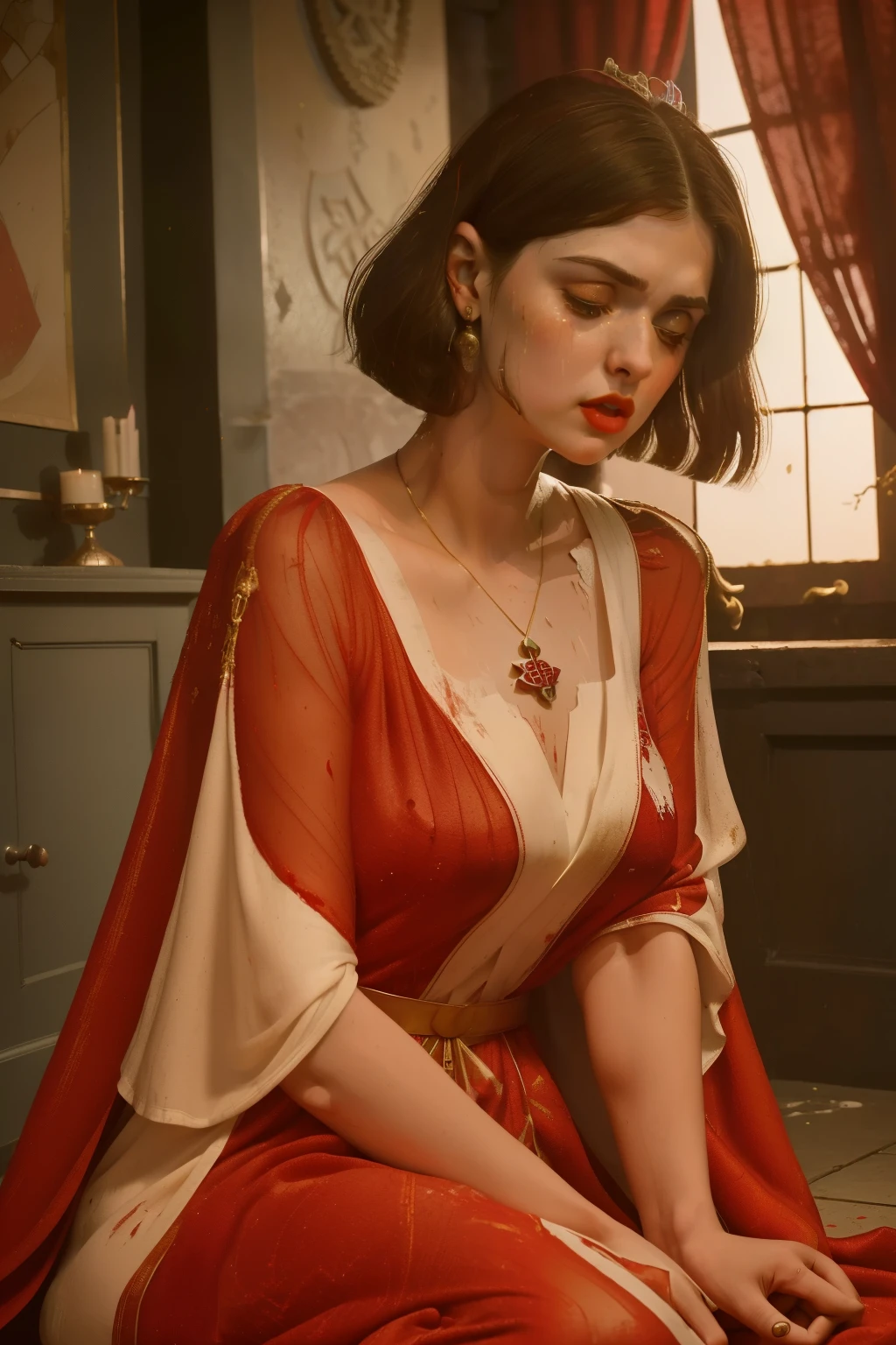 1142, Kingsbridge, England. otherworldly caos scene, ((((22-year-old)) Alexandra Daddario)), sitting on the floor, surrounded by ashes, ((sobbing, crying bing tears)), hands on her face, ((((scarlet tunic gown from the 12th century)))), ((very short and messy hair)), ((Wes Anderson cinematic style)), colorful