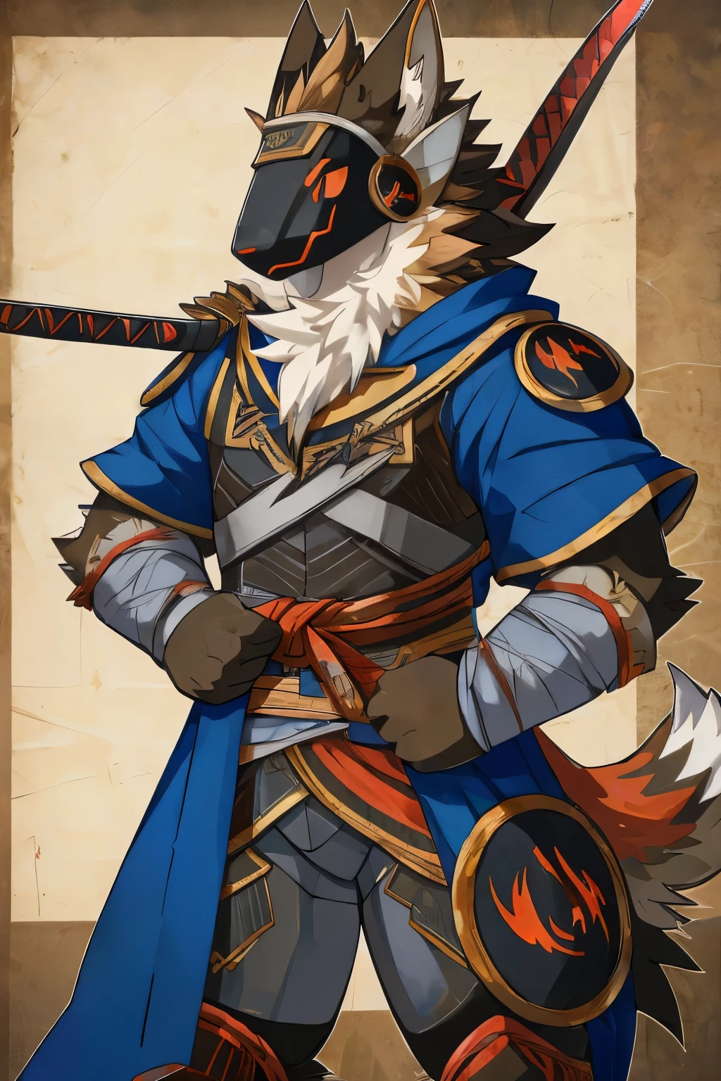 Japanese feel, Protogen, coyote, samurai, ????, blue cloak, samurai armor, Divided armor and sashimono, Kitsune-inspired armor, Sengoku period art style, Long sword