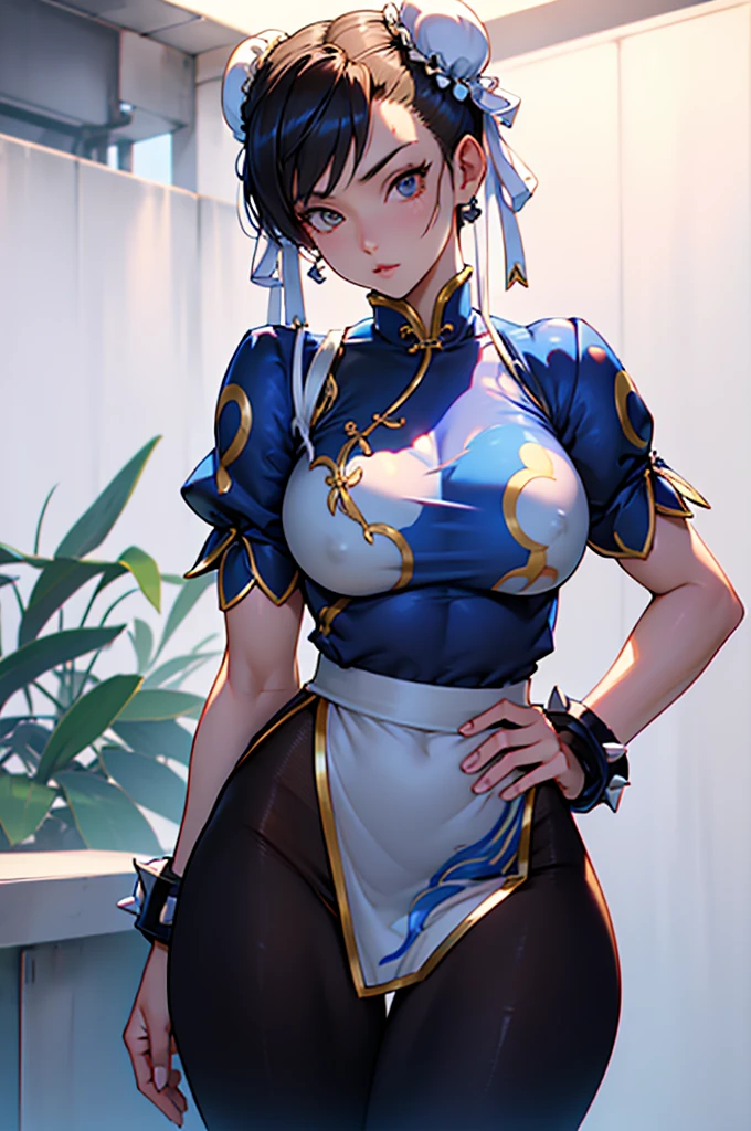 Chun-Li,linda jovem com uniforme azul classico, coxas grossas, belas coxas sexy,um pouco muscolosa, cabelo preso, black tights,cidade chinesa a tarde, Standing alone.solo, roupa azul, saia azul, olhar serio, belos olhos, belo rosto bem detalhado, olhos e sobrancelhas detalhado.olhos castanhos escuros