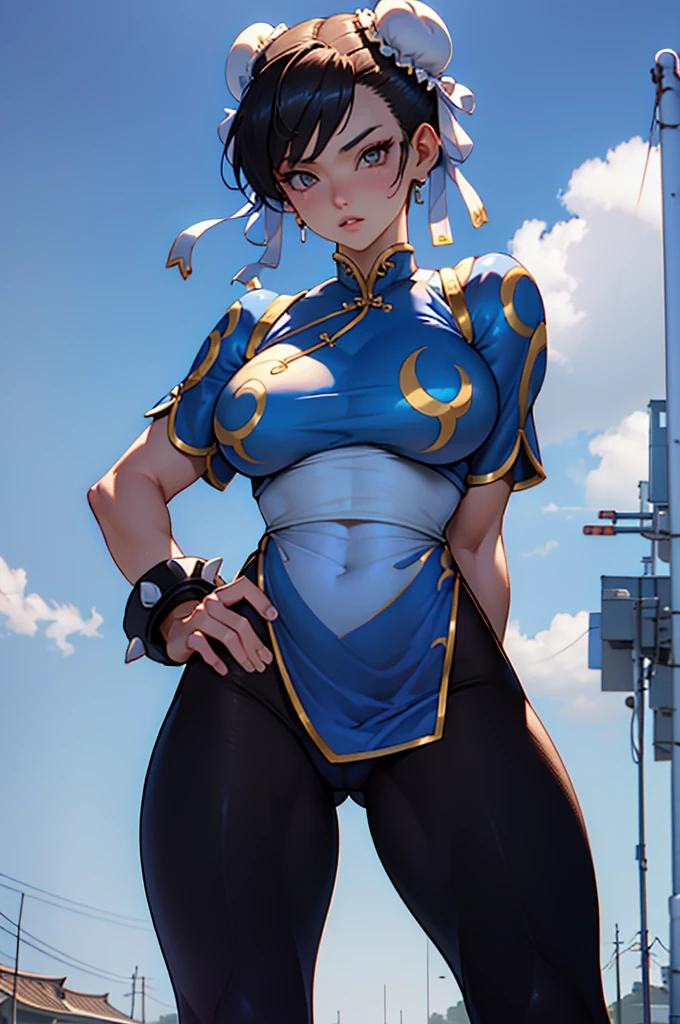 Chun-Li,linda jovem com uniforme azul classico, coxas grossas, belas coxas sexy,um pouco muscolosa, cabelo preso, black tights,cidade chinesa a tarde, Standing alone.solo, roupa azul, saia azul, olhar serio, belos olhos, belo rosto bem detalhado, olhos e sobrancelhas detalhado.olhos castanhos escuros