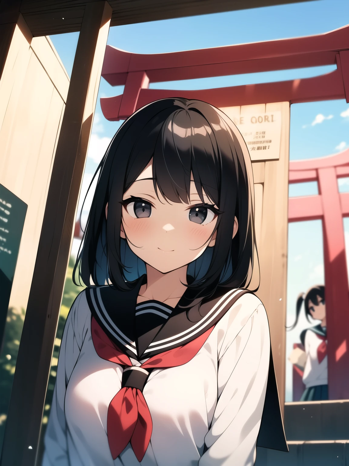 school girl, black hair, black eyes, shrine