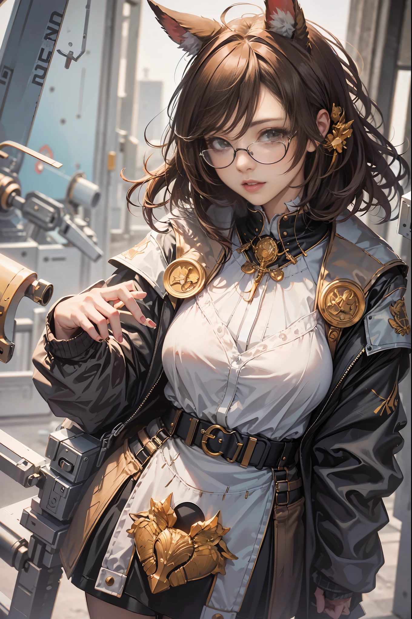 Anime Girl, Cowgirl costume, Colossal tits, Brown hair, perfectly proportions, ((Shorthair)), (eye glass:1.3), (hairstyle that doesn't show ears, Animal ears:1.5)
