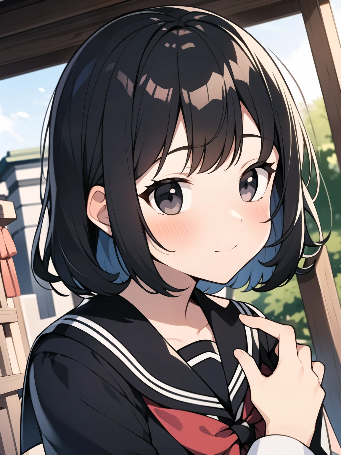 school girl, black hair, black eyes, shrine