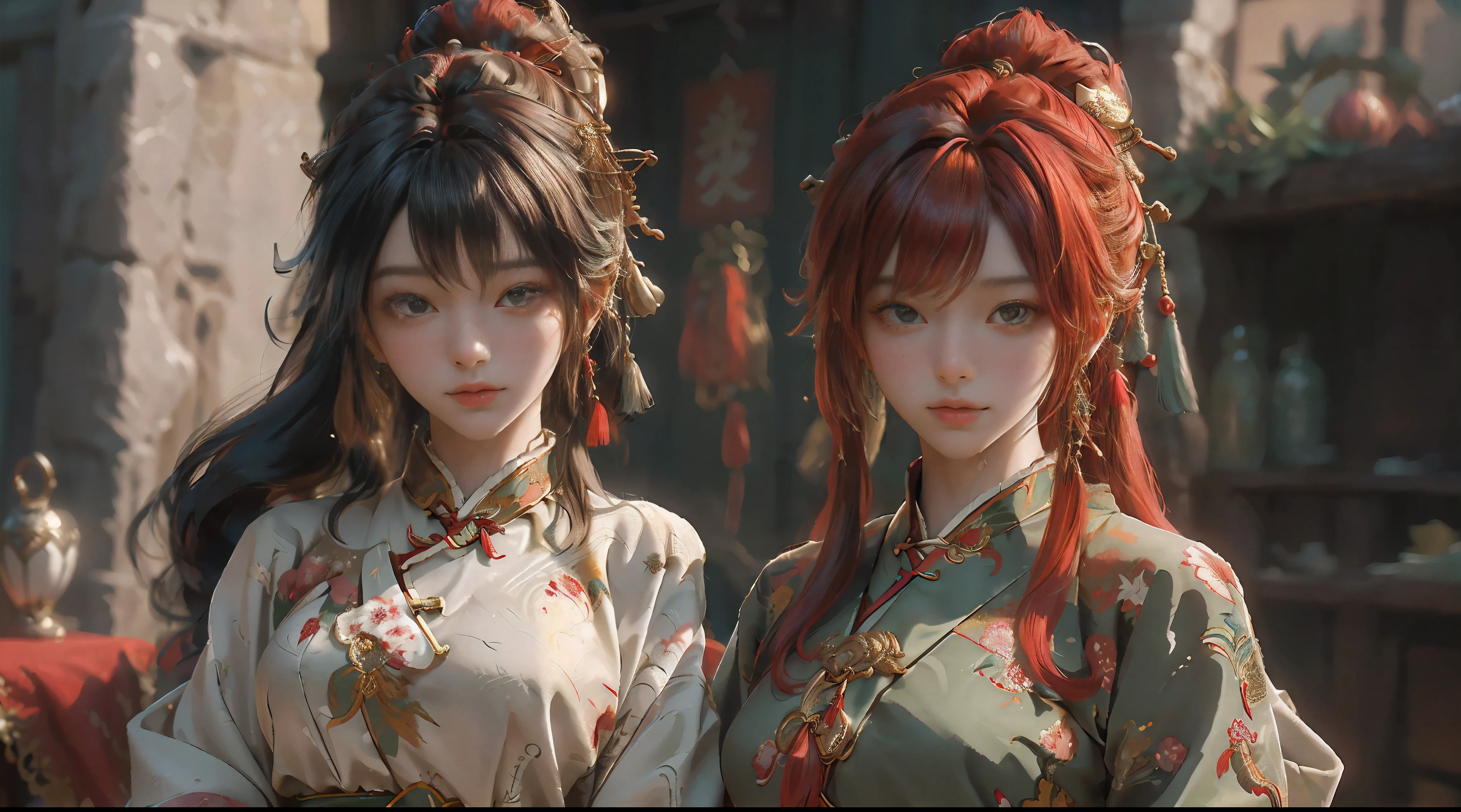 ((Best quality)), ((tmasterpiece)), (the detail:1.4), 3D, A beautiful female figure,HighDynamicRange(HighDynamicRange),ancient Chinese costume,Satin outfits are sexy and sexy,Red hair accessories,Tassel earrings,ray traycing、PBR textures、post-proces、Anisotropy Filtering、depth of fields、maximum definition and sharpness、Many-Layer Textures、Albedo e mapas Speculares、Surface Coloring、Accurately simulate the interaction of light and materials、proporções perfeitas、8K original、超精致the detail五官,面部the detail,手指the detail