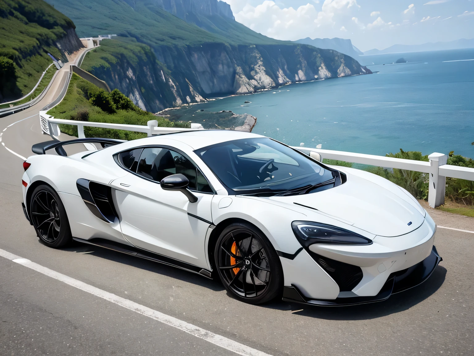 超A high resolution、An ultra-high picture quality、8K、Wonderful expression with attention to detail、early summer coastline、A white sports car stopped on a mountain road、mclaren building mask sports coupe