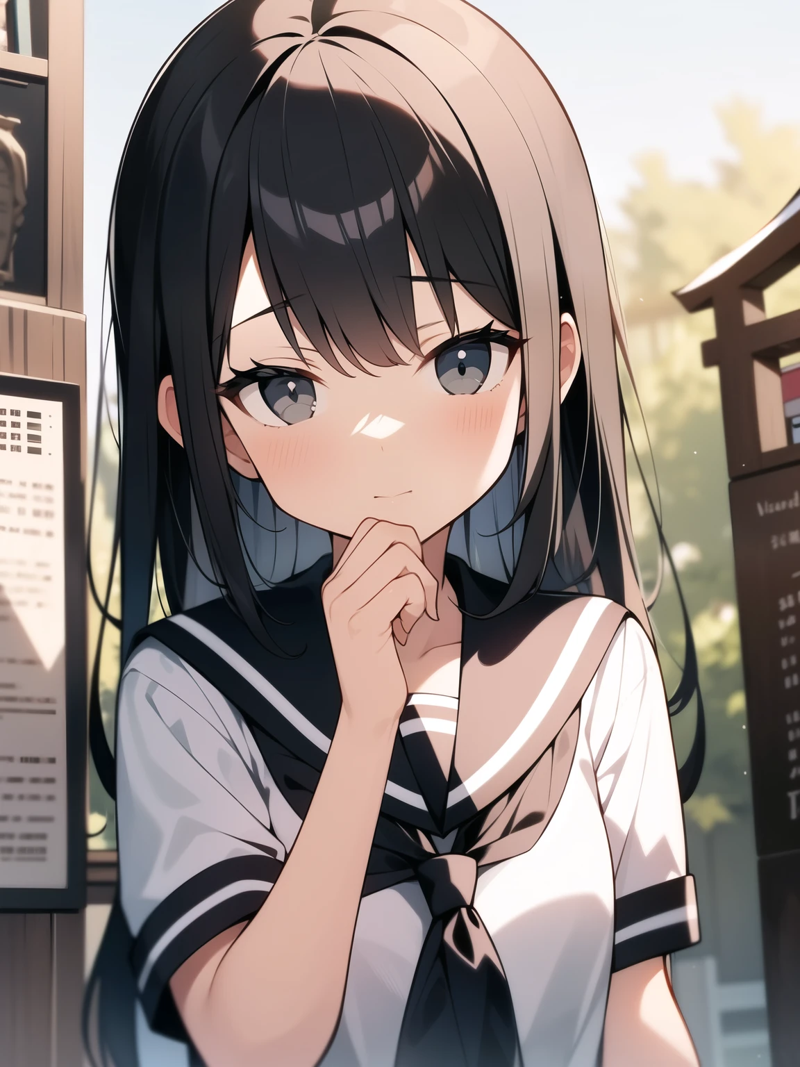 school girl, black hair, black eyes, shrine