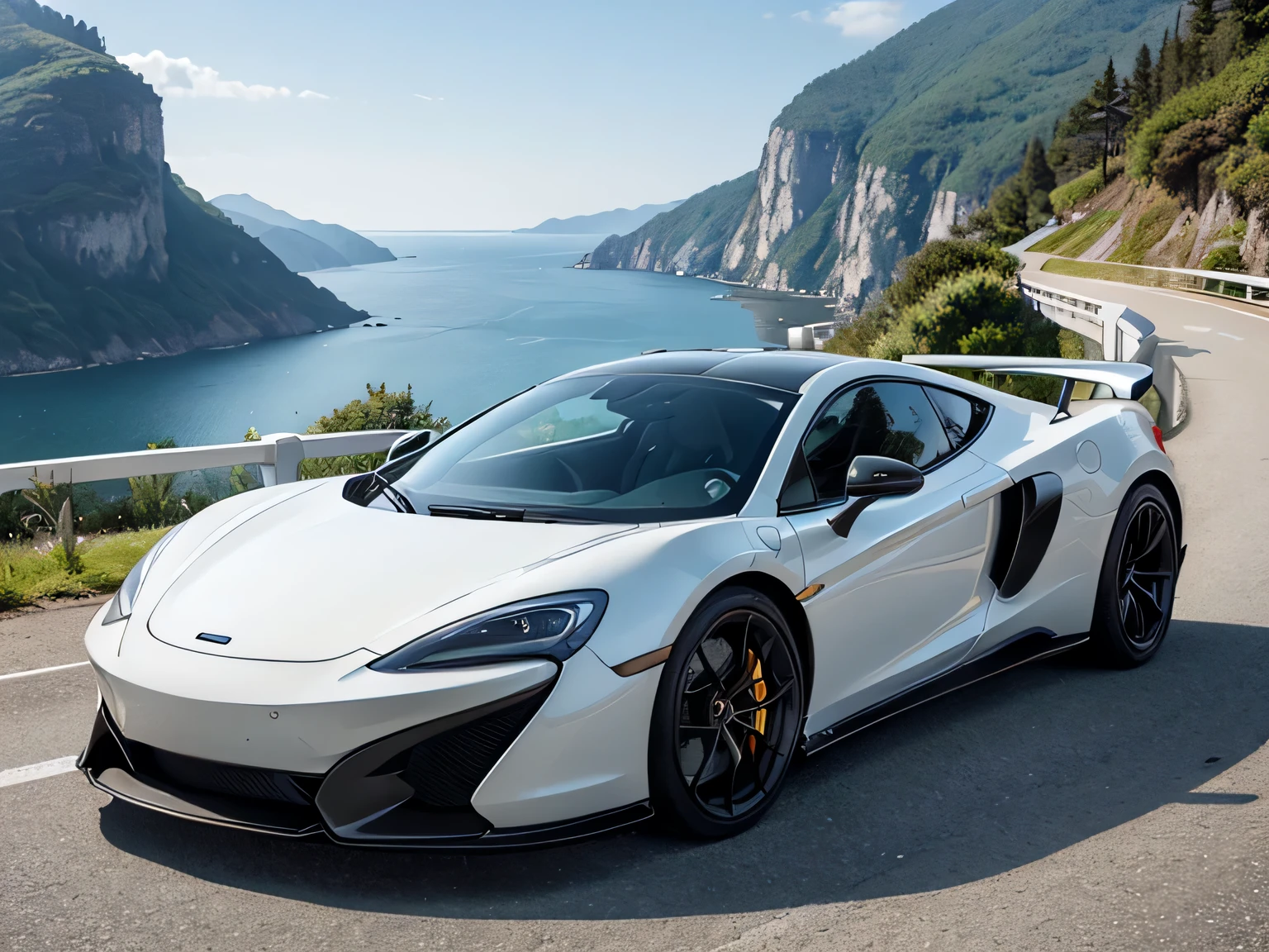 超A high resolution、An ultra-high picture quality、8K、Wonderful expression with attention to detail、early summer coastline、A white sports car stopped on a mountain road、mclaren building mask sports coupe