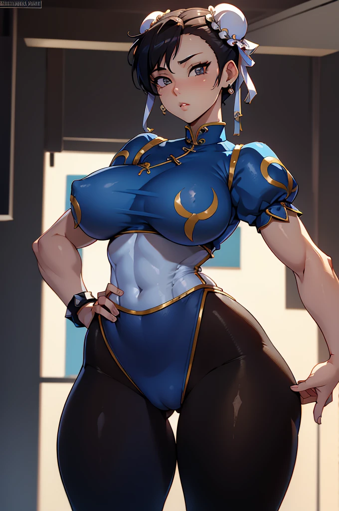 Chun-Li,linda jovem com uniforme azul classico, coxas grossas, belas coxas sexy,um pouco muscolosa, cabelo preso, black tights,cidade chinesa a tarde, Standing alone.solo, roupa azul, saia azul, olhar serio, belos olhos, belo rosto bem detalhado, olhos e sobrancelhas detalhado.olhos castanhos escuros
