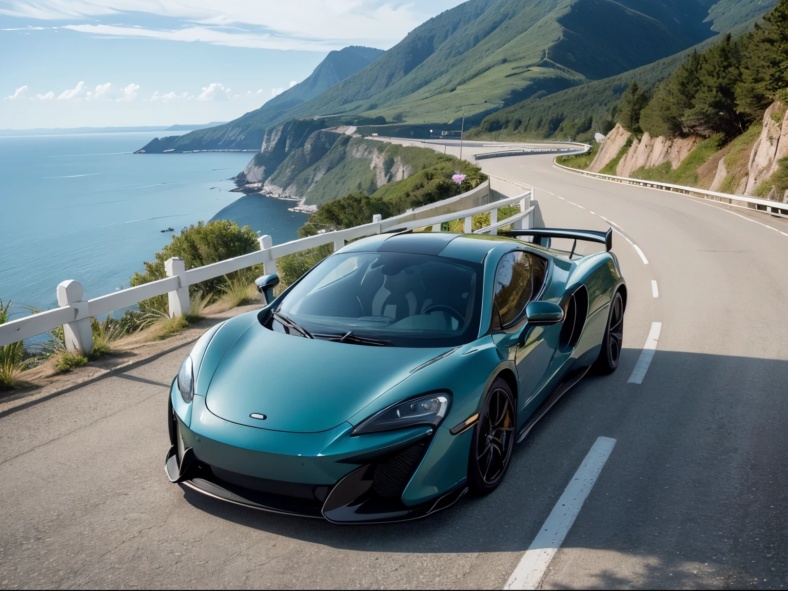 超A high resolution、An ultra-high picture quality、8K、Wonderful expression with attention to detail、early summer coastline、A white sports car stopped on a mountain road、mclaren building mask sports coupe
