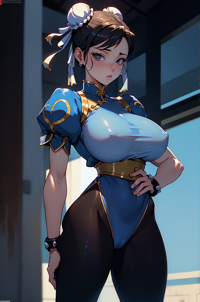 Chun-Li,linda jovem com uniforme azul classico, coxas grossas, belas coxas sexy,um pouco muscolosa, cabelo preso, black tights,cidade chinesa a tarde, Standing alone.solo, roupa azul, saia azul, olhar serio, belos olhos, belo rosto bem detalhado, olhos e sobrancelhas detalhado.olhos castanhos escuros