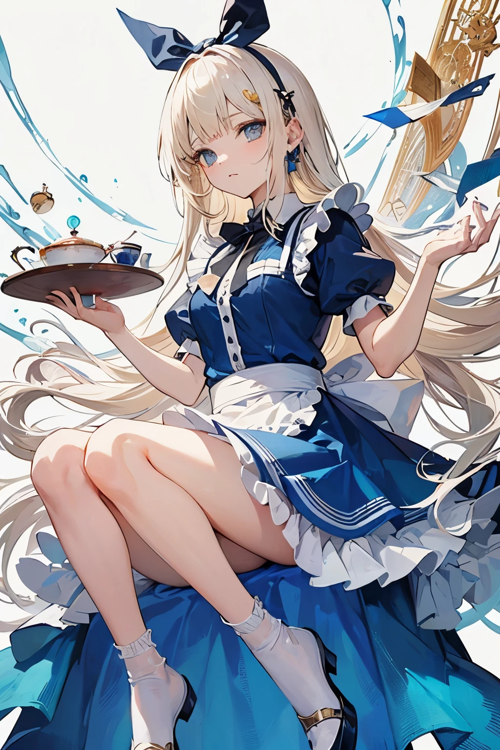 (masuter piece、top-quality、Mystical、Beautifully Aesthetic、offcial art、Impresionismo、von gogh:1.2)、(1 girl in:1.3)、(Fractal Art:1.4)、shinny skin、patterns、(alice in the wonderland:1.2)、(bunny rabbit、Siamese cat、PlayingCards、tea cup、pocket watch:0.8)、(Tie your hair with a ribbon、Blue Dress、a miniskirt、beauty legs、White Apron、white sock、platinum-blonde、Blue eyes)、Exotic wallpapers、highly colorful、Abstract background、Fantastical