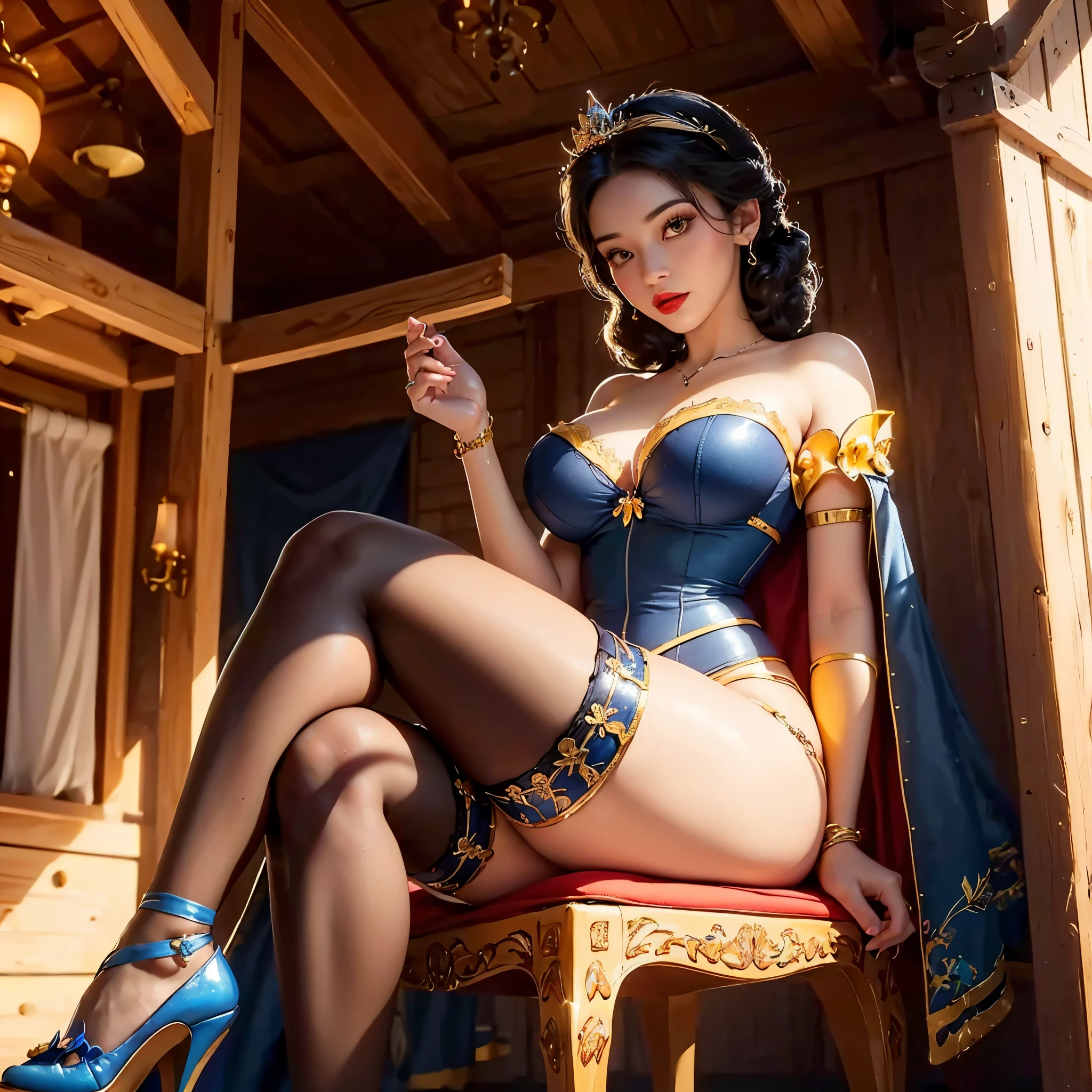 (beautifull snow white from disney princess short chignon hair with very gigantic saggy breast, elegantly sit on wooden chair nside small wooden house) ,(detailed navy blue strapless wireless bra), (detail yellow luxury garter belt), (red cloak), (detail yellow and blue luxury stocking), (detail yellow luxury high heels), (red crown), (show cleaveage), (show underboobs) , (show sideboobs), (show thigh), (detailed flower hairpin), (detailed underboobs ornament), (detailed luxury chest ornament), (detailed luxury  arm ornament), (detail hips ornament), expensive detailed  necklace, (very gigantic breast:1,9), beautifull apple tree, detail apple tree, detail forest background, beautifull face, pretty face, beautifull eyes, beautifull nose, sexy lips, raytracing, nsfw, beautifull fingers, beautifull hands, sexy belly, sexy body, sexy shoulders, sexy legs, sexy hips, (luxury bracelet), (luxury ring), (luxury necklace), (4 fingers in 1 hand), white skin, full body picture, pretty makeup, masterpiece, best quality:1.2),,(8k,highres,RAW photo,realistic,photo-realistic:1.3),(detailed skin texture,detailed cloth texture,beautiful detailed face:1.25),professional lighting,photon mapping,beautiful soft light,radiosity,physically-based rendering,raytracing, model shoot style, model shoot style, (extremely detailed CG unity 8k wallpaper), full shot body photo of the most beautiful artwork in the world