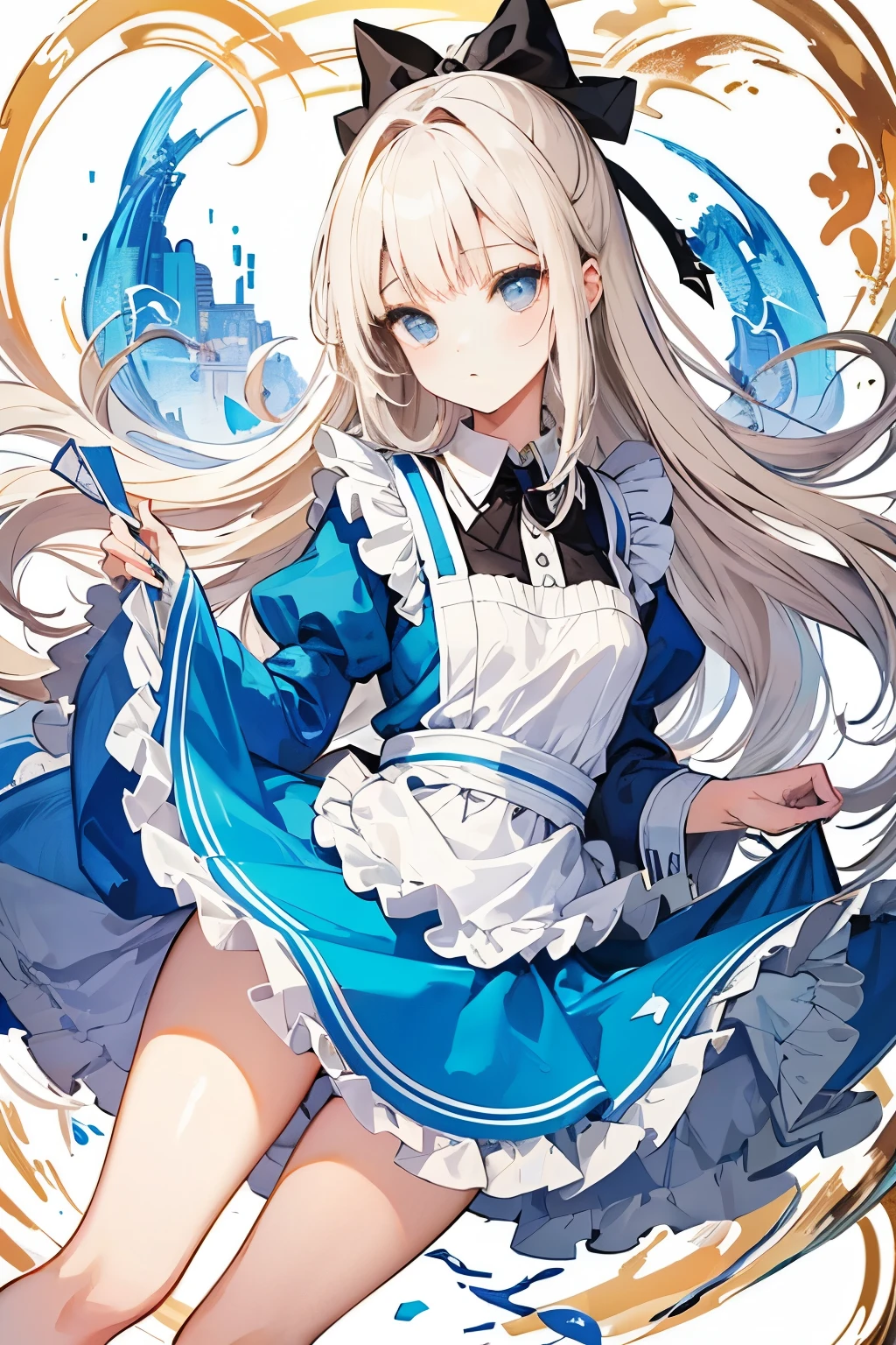 (masuter piece、top-quality、Mystical、Beautifully Aesthetic、offcial art、Impresionismo、von gogh:1.2)、(1 girl in:1.3)、(Fractal Art:1.4)、shinny skin、patterns、(alice in the wonderland:1.2)、(bunny rabbit、Siamese cat、PlayingCards、tea cup、pocket watch:0.8)、(Tie your hair with a ribbon、Blue Dress、a miniskirt、beauty legs、White Apron、white sock、platinum-blonde、Blue eyes)、Exotic wallpapers、highly colorful、Abstract background、Fantastical
