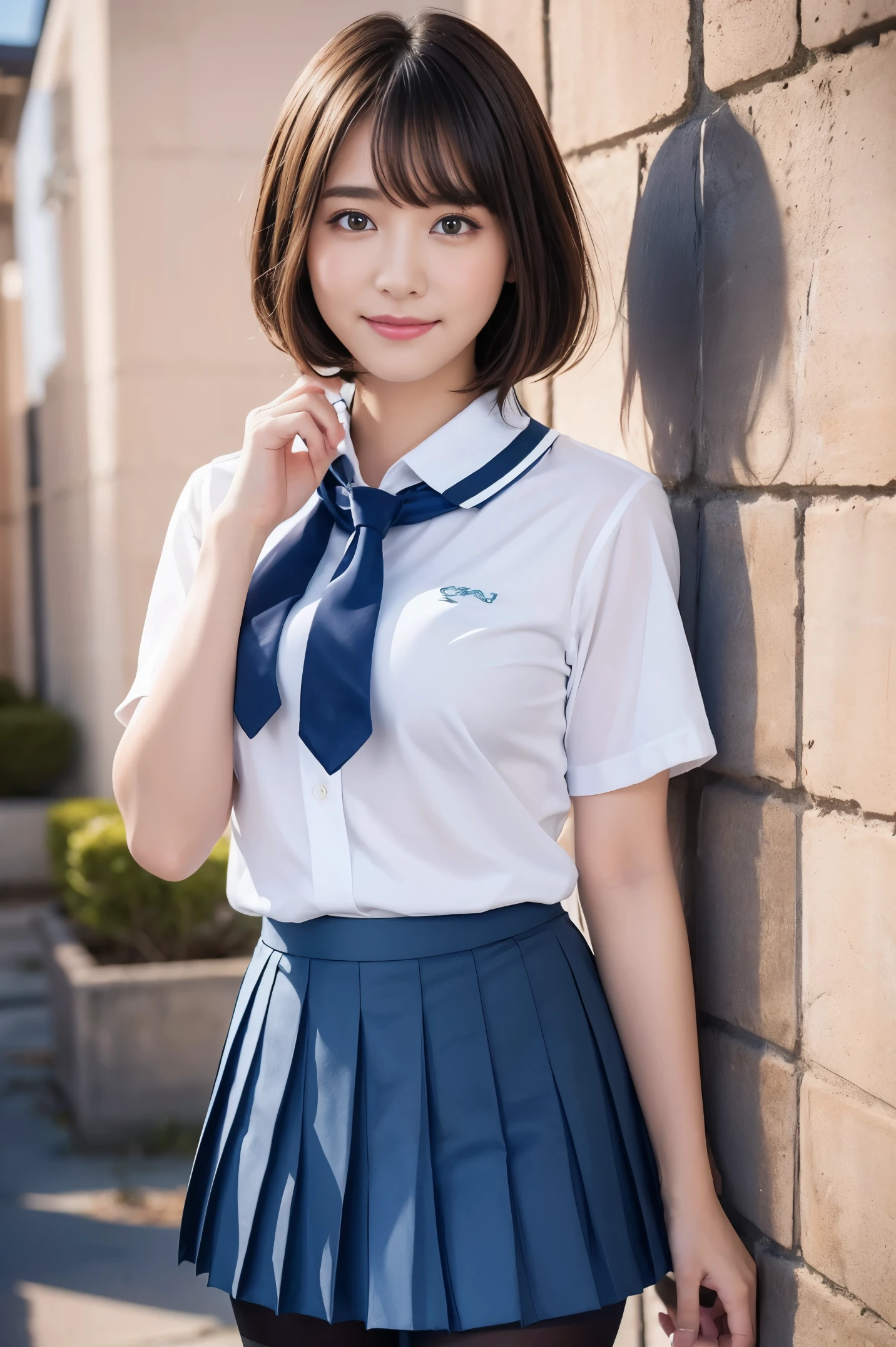 8K, Best Quality, real picture, Intricate details, Ultra-detailed, 超A high resolution, Depth Field,(Photorealistic,Realistic:1.2),masutepiece, 0.25 :: close-up , straight-on shot , from miiddle ,
1girl in, AI_chan, an extremely beautiful 17-year-old girl, Innocent big eyes, (brown_Short_hair), (Green_Eyes:1.0),(Bangs),disheveled hair,(hair clips), perfect glossy skin, flawless skin, Fair skin, Huge breasts, cleavage, Narrow waist, Light blush, Solo, Looking at Viewer, lightsmile,
chubby under the clothes, Sweat,
Wearing ((School_uniform), (white_Skirt),(Blue_long_tie), (Blue_pleats_Skirt), (Black_pantyhose) :1.2),
(Gravure Pose :1.1),
Sunset ,
High School in Japan 、乃木坂アイドル、韓国アイドル
