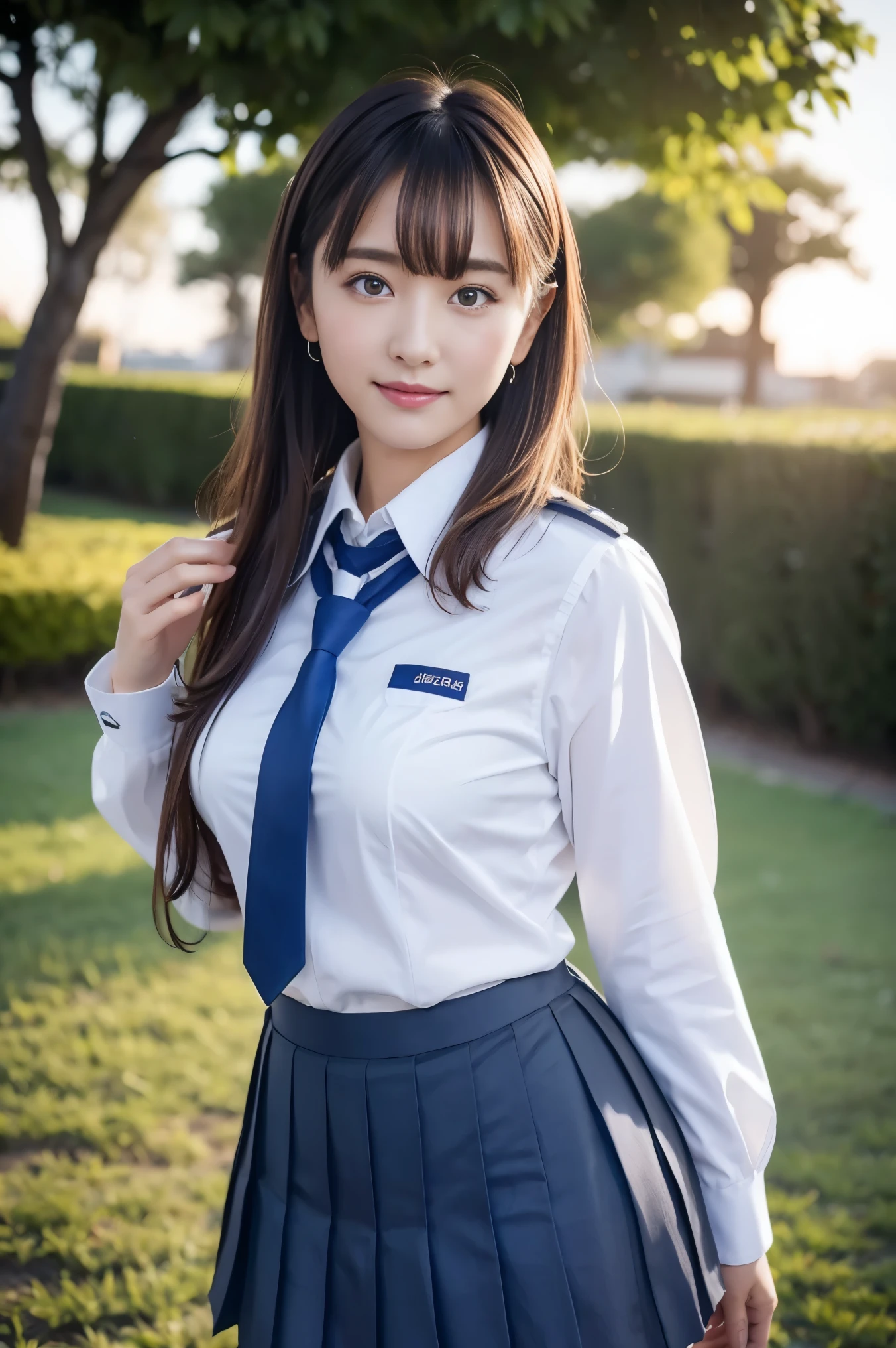 8K, Best Quality, real picture, Intricate details, Ultra-detailed, 超A high resolution, Depth Field,(Photorealistic,Realistic:1.2),masutepiece, 0.25 :: close-up , straight-on shot , from miiddle ,
1girl in, AI_chan, an extremely beautiful -yeld gi Innocent big eyes, (brown_Short_hair), (Green_Eyes:1.0),(Bangs),disheveled hair,(hair clips), perfect glossy skin, flawless skin, Fair skin, Huge breasts, cleavage, Narrow waist, Light blush, Solo, Looking at Viewer, lightsmile,
chubby under the clothes, Sweat,
Wearing ((School_uniform), (white_Skirt),(Blue_long_tie), (Blue_pleats_Skirt), (Black_pantyhose) :1.2), 
(Gravure Pose :1.1),
Sunset ,
High School in Japan 、乃木坂アイドル、韓国アイドル