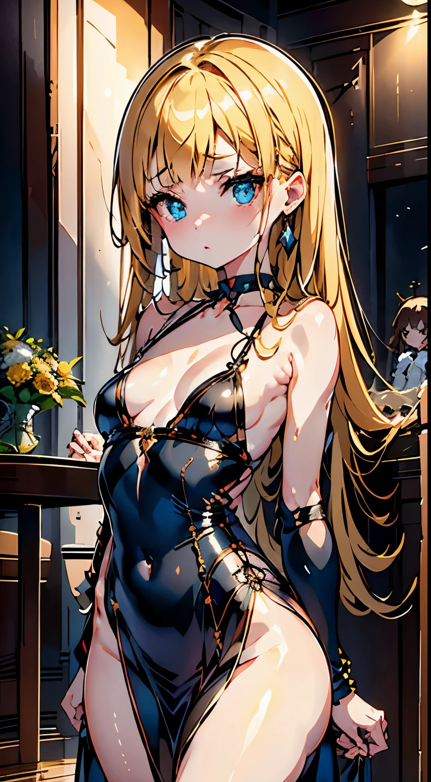 RAW shooting、Photorealsitic、masuter piece、one girls、Smaller face、a 、Very cute、Slender and beautiful、((small tits:1.2))、7Head and body、Meticulously drawn eyes、Attractive eyes、Twin-tailed、little giant、a choker、fine sequin dress、champagne gold dress:1.5、Chess gangte sleeveless dress with bold opening、Anguished poses、Luxurious dance hall、dimly lit dance hall、small title background