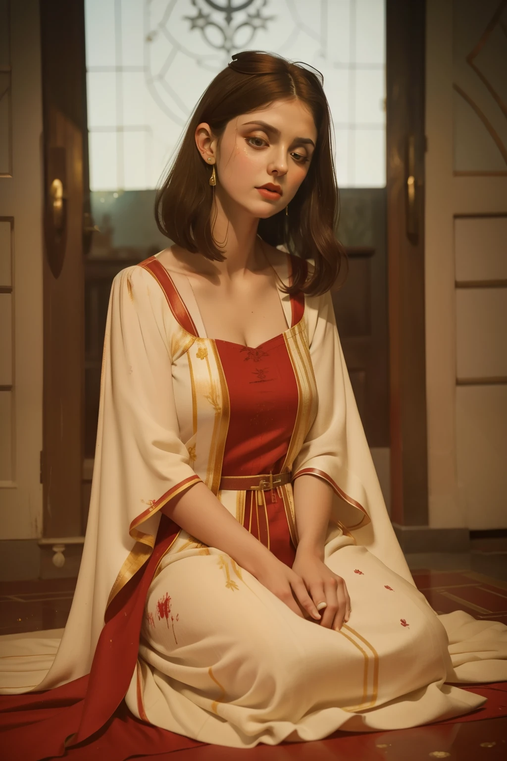 1142, Kingsbridge, England. otherworldly caos scene, ((((22-year-old)) Alexandra Daddario)), sitting on the ground, surrounded by ashes, ((sobbing, crying bing tears)), hands on her face, ((((scarlet tunic gown from the 12th century)))), ((very short and messy hair)), ((Wes Anderson cinematic style)), colorful