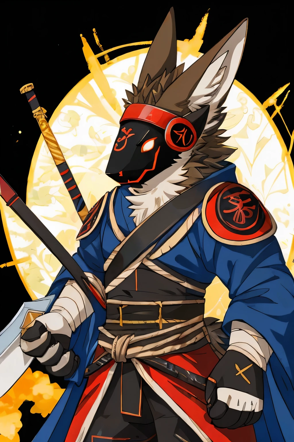 Japanese feel, Protogen, coyote, samurai, Sexy, blue cloak, samurai armor, Divided armor and sashimono, Kitsune-inspired armor, Sengoku period art style, Long sword