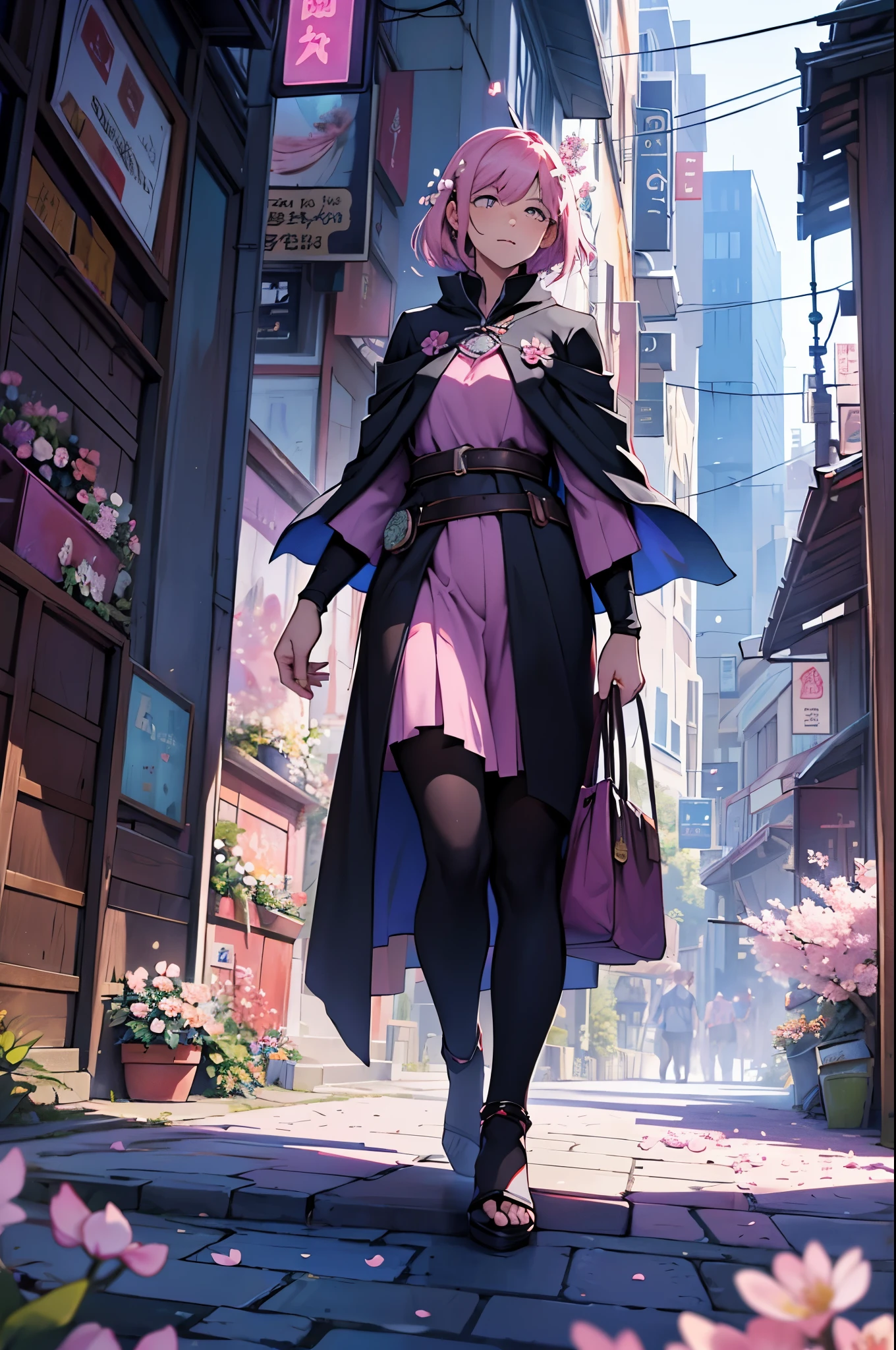 (Magic:1.1), in full height, (Solo person:1.3), (mage:1.2), (blossom:1.3), in a modern city, (flower magic aura:1.2), nature, (city background:1.2), spirit blossom, pink, magenta, blue