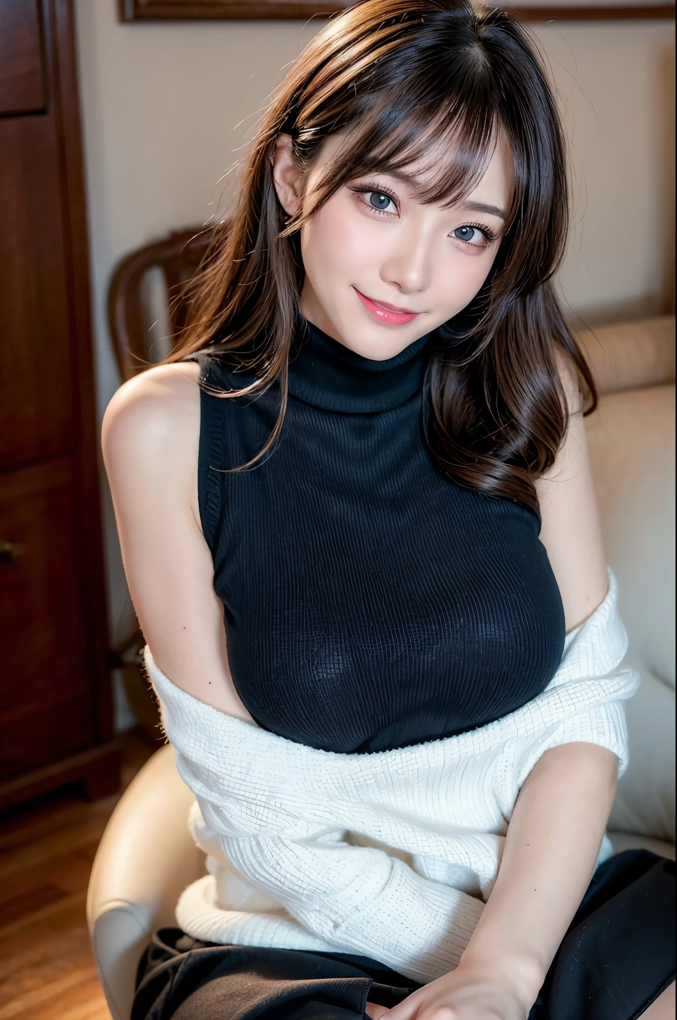 ulzzang -6500-v1.1, (Raw photo:1.2), (Photorealsitic), Beautiful detailed, (Real: 1.4), ighly detailedな目と顔, beatiful detailed eyes, Sitting on the sofa in the office、(Sleeveless High Neck Sweater、flered skirt:1.2)、(Ultra-realistic pantyhose、high-heels)、sitting gracefully、huge filesize, hight resolution, ighly detailed, top-quality, [​masterpiece:1.6], illustratio, ighly detailed, nffsw, finely detail, top-quality, 8k wallpaper, Cinematographic lighting, 1 milf, 43 yeas old, perfect body type, cute droopy eyes beautiful big eyes、Pieckfinger, ((masutepiece)), Best Quality, 1 milf, eye shadow, Portrait, ((FULL BODYSHOT:1.4))、(Very affectionate smile:1.2)、